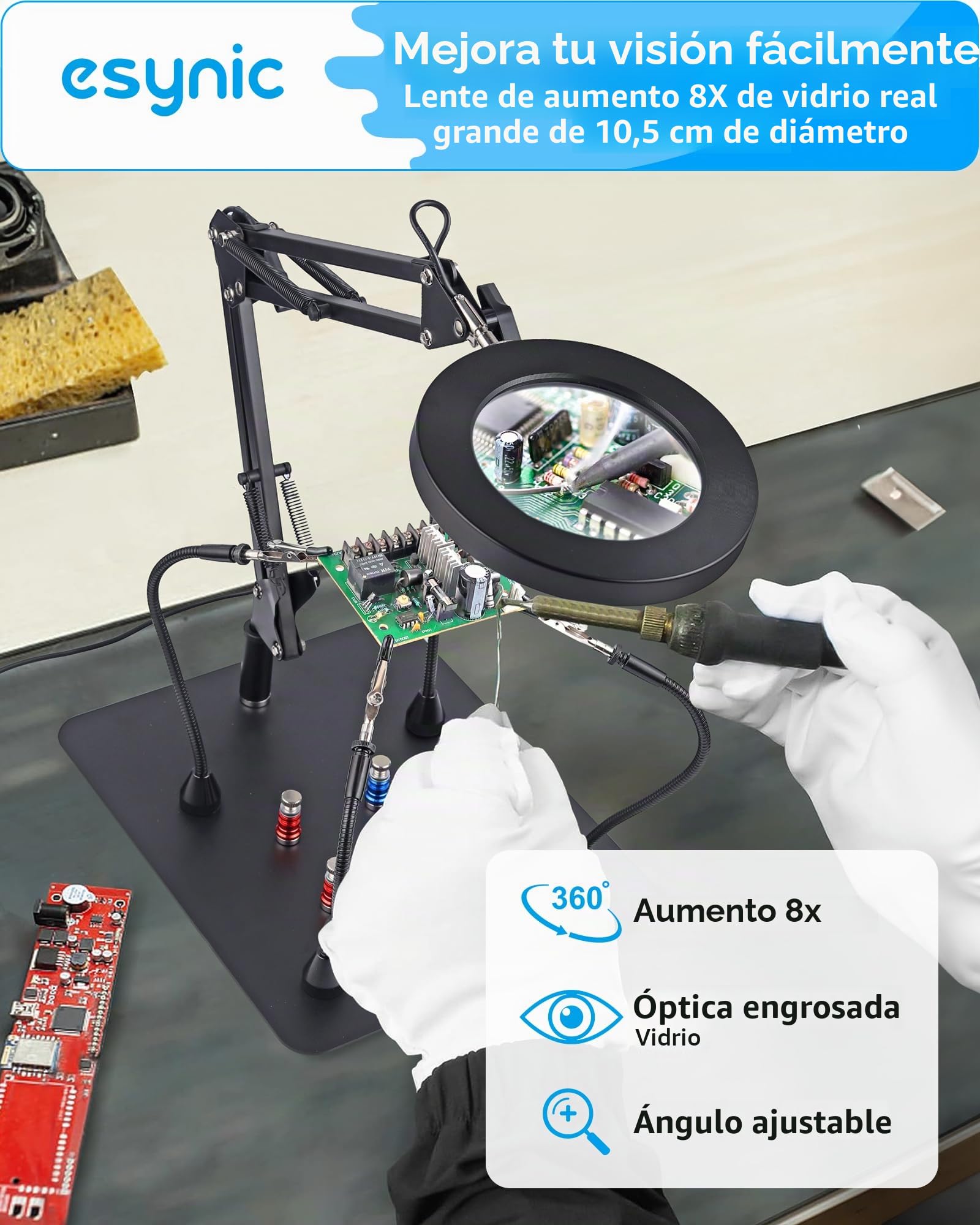 eSynic Lupa de Escritorio 8X con 72 Luces LED 2 en 1 Lámpara de Aumento con 10 Brillos Ajustables y 3 Colores, Rotación de 360°con 4 Fuertes Columnas Magnéticas y 4 Pinzas para Manualidades