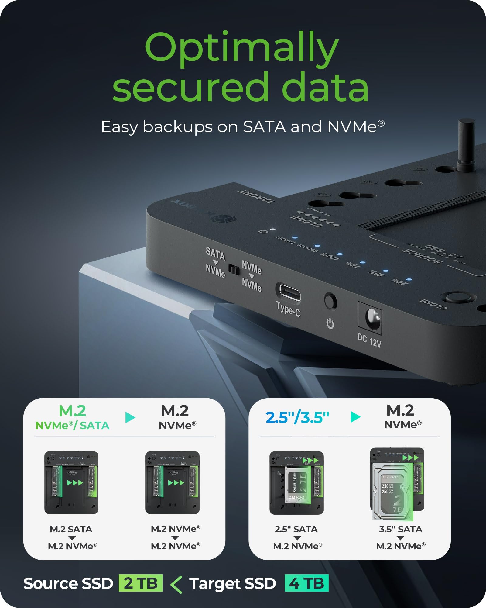 ICY BOX M.2 NVMe e SATA SSD/HDD Docking Station per Clonazione Offline - Dettaglio