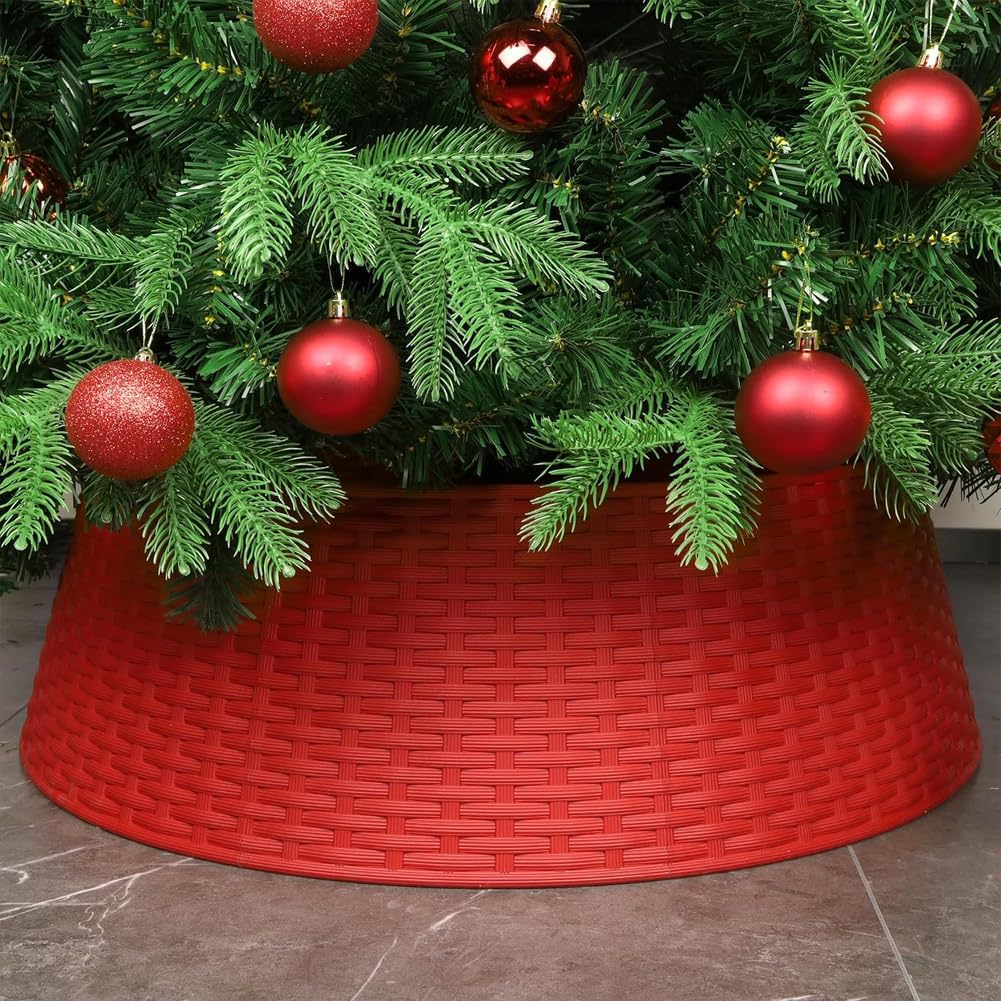 BAKAJI Copribase Per Albero Di Natale In PVC Intrecciato, Diametro Regolabile 60-73 Cm, Altezza 23 Cm, Colore Bianco, Gonna Natalizia Elegante - 3