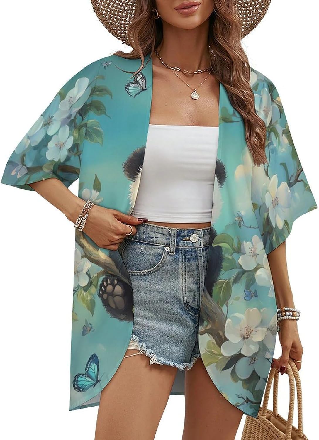 Cute Panda Bear Women's Open Front Cardigan Short Sleeves Jacket Lightweight Sweaters Tops