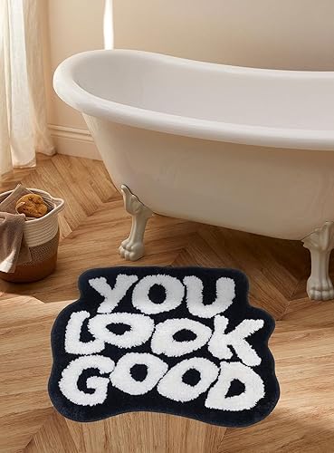 Miniatura 6 de Alfombra de baño negra con texto en inglés "You Look Good", alfombra de baño divertida, bonita, antideslizante, de microfibra, de felpa, pequeña,