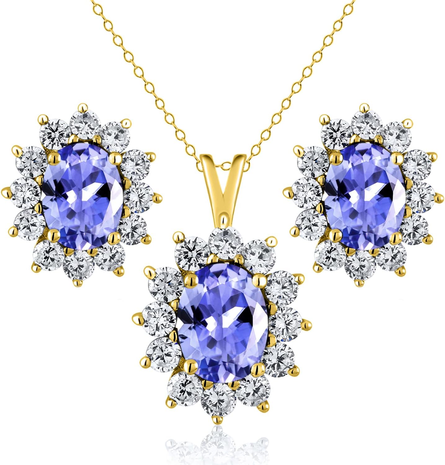 Gem Stone King Halo Pendant Earrings Jewelry Set For Women | 925 Sterling Silver | Gemstone Birthstone | Oval 8X6MM and 7X5MM | With 18 Inch Chain | Fine Jewelry Gifts for Women Her Mom Wife