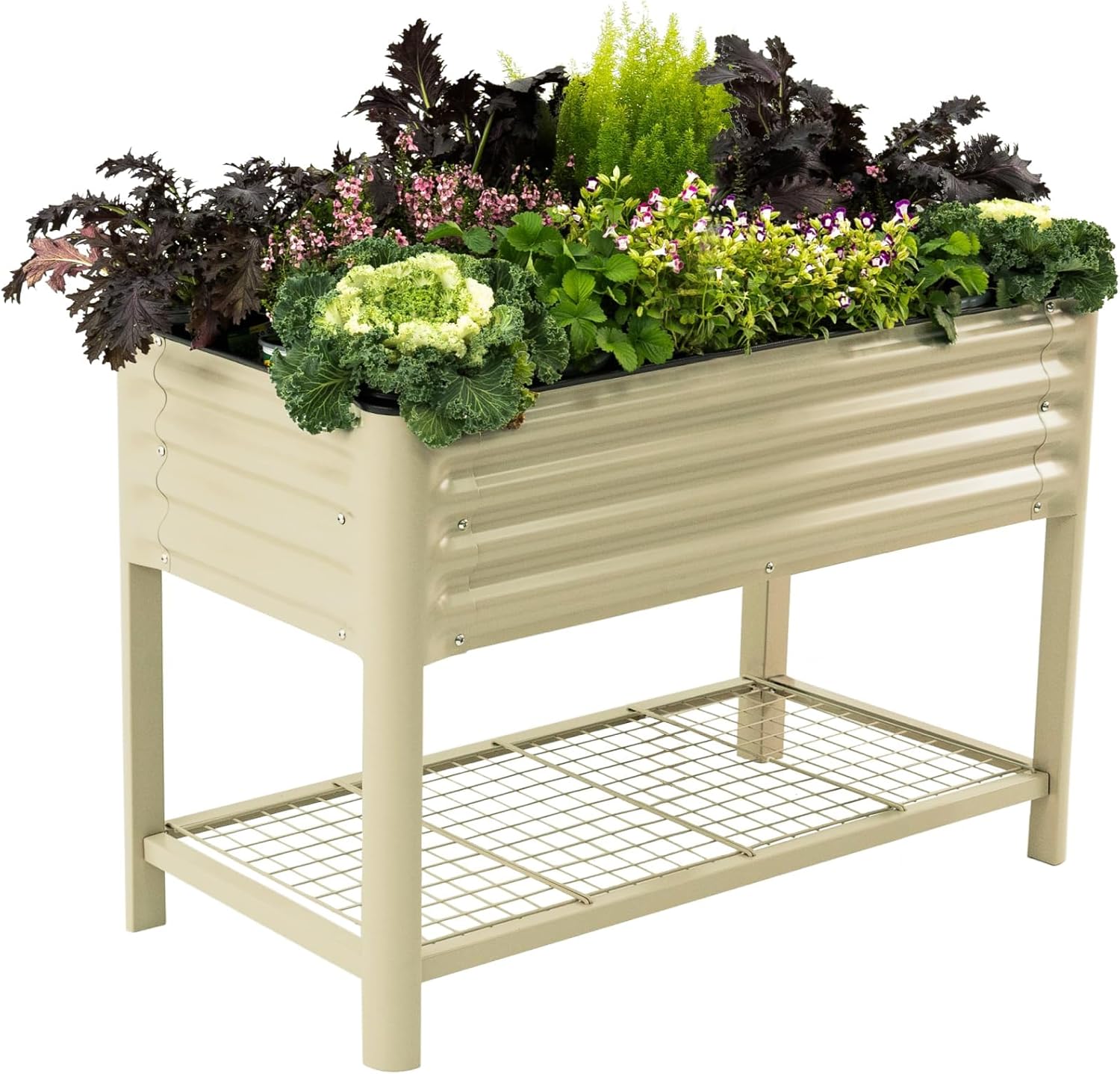 Elevated Raised Garden Bed-V Series, 2' x 4' Garden Beds with Legs & Storage Rack for Patio Porch, 700 Lbs Weight Capacity, Outdoor Planter Boxes for Gardening Herbs Vegetables Flowers, Pearl White