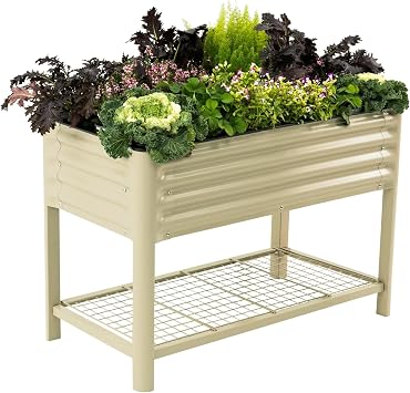 Elevated Raised Garden Bed-V Series, 2 x 4 Garden Beds with Legs & Storage Rack for Patio Porch, 700 Lbs Weight Capacity, Outdoor Planter Boxes for Gardening Herbs Vegetables Flowers, Pearl White