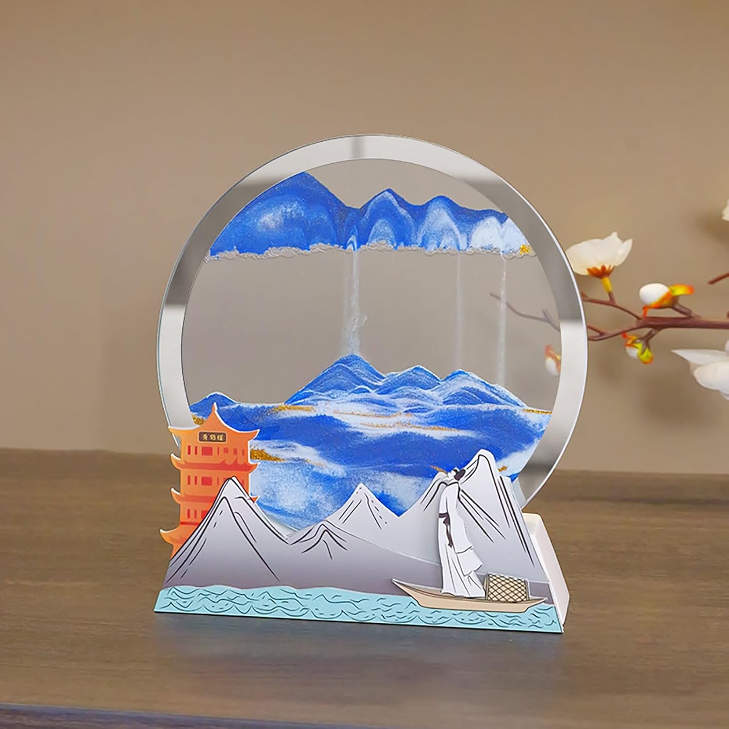 Moving Sand Art Picture,Quicksand Painting Relaxation Frame Art,3D Deep Sea Sandscape in Motion Display Round Glass Flowing Sand Frame, Kid's Large Desktop Sand Art Toys, Relaxing Home and Office ( Co