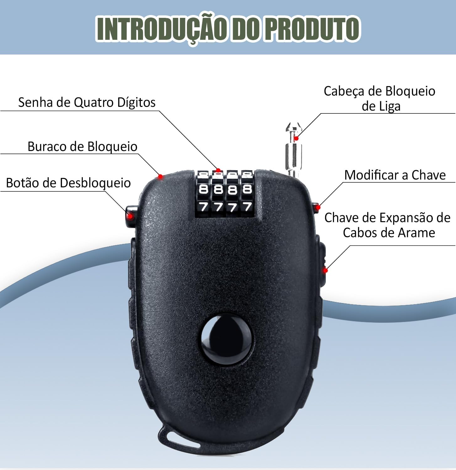 Trava de Capacete, Cadeado de Capacete com Senha 4 Dígitos, Cabo de Aço Ajustável de 72 cm, Adequado para Capacetes de Motocicleta, Capacetes de Bicicleta, Cestos de Bicicleta e Mochilas