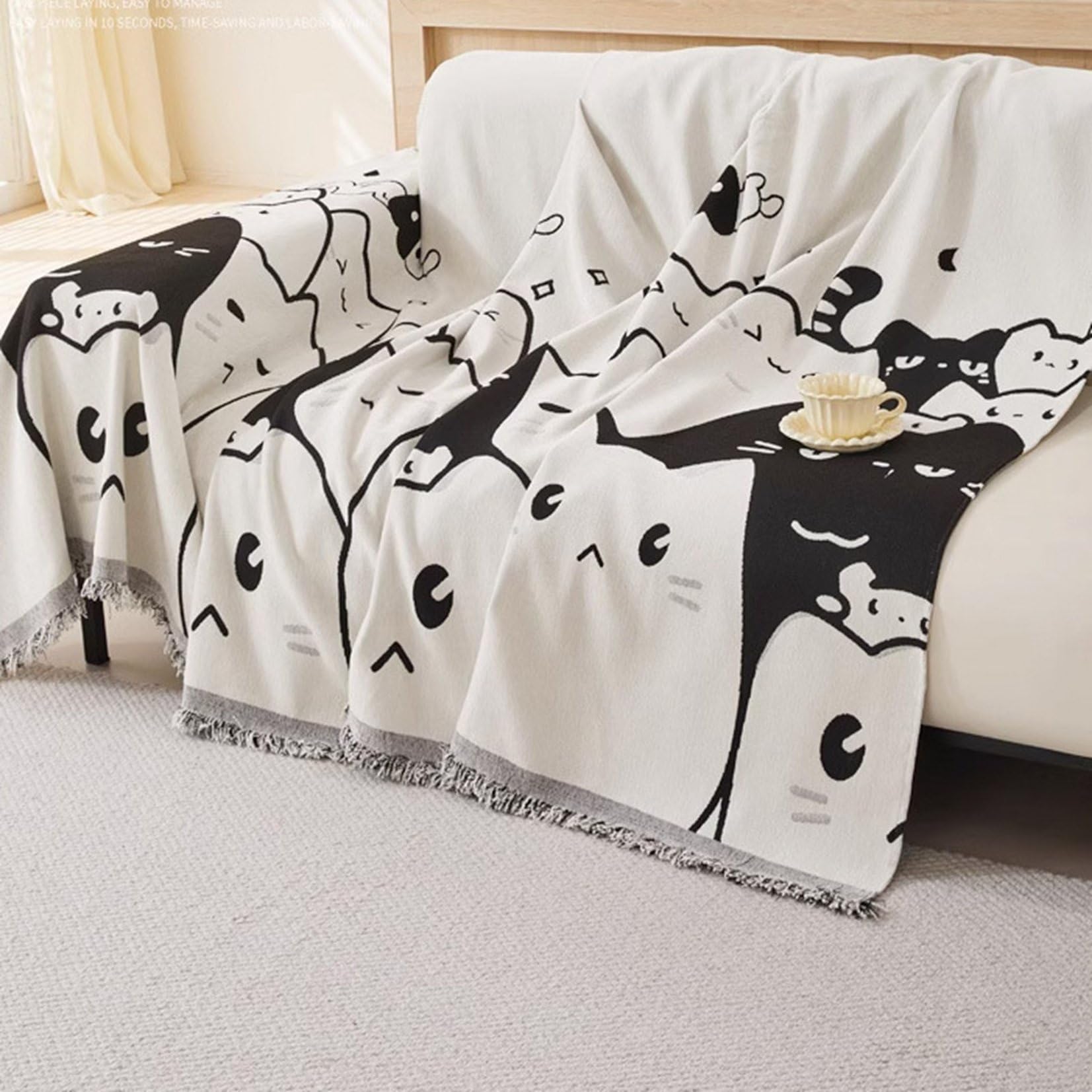 ソファカバー ソファー用 マルチカバー 180x230cm 猫柄 フリンジ付け