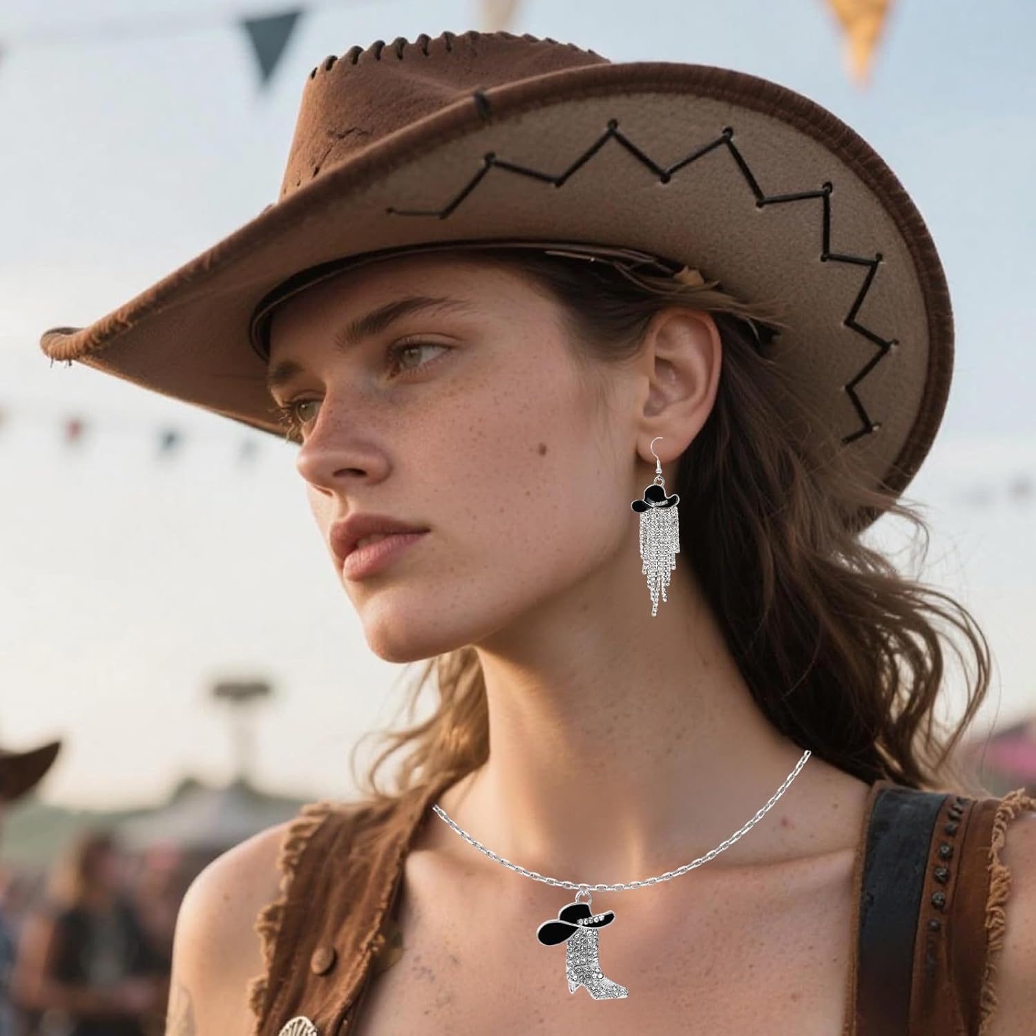 Western Jewelry for Women,Sparkly Rhinestone Cowgirl Accessories for Women Includ White Cowgirl Hat Pendant Necklace Set White Cowboy Boot Earrings with Wild West Country Rustic Style - Image 4