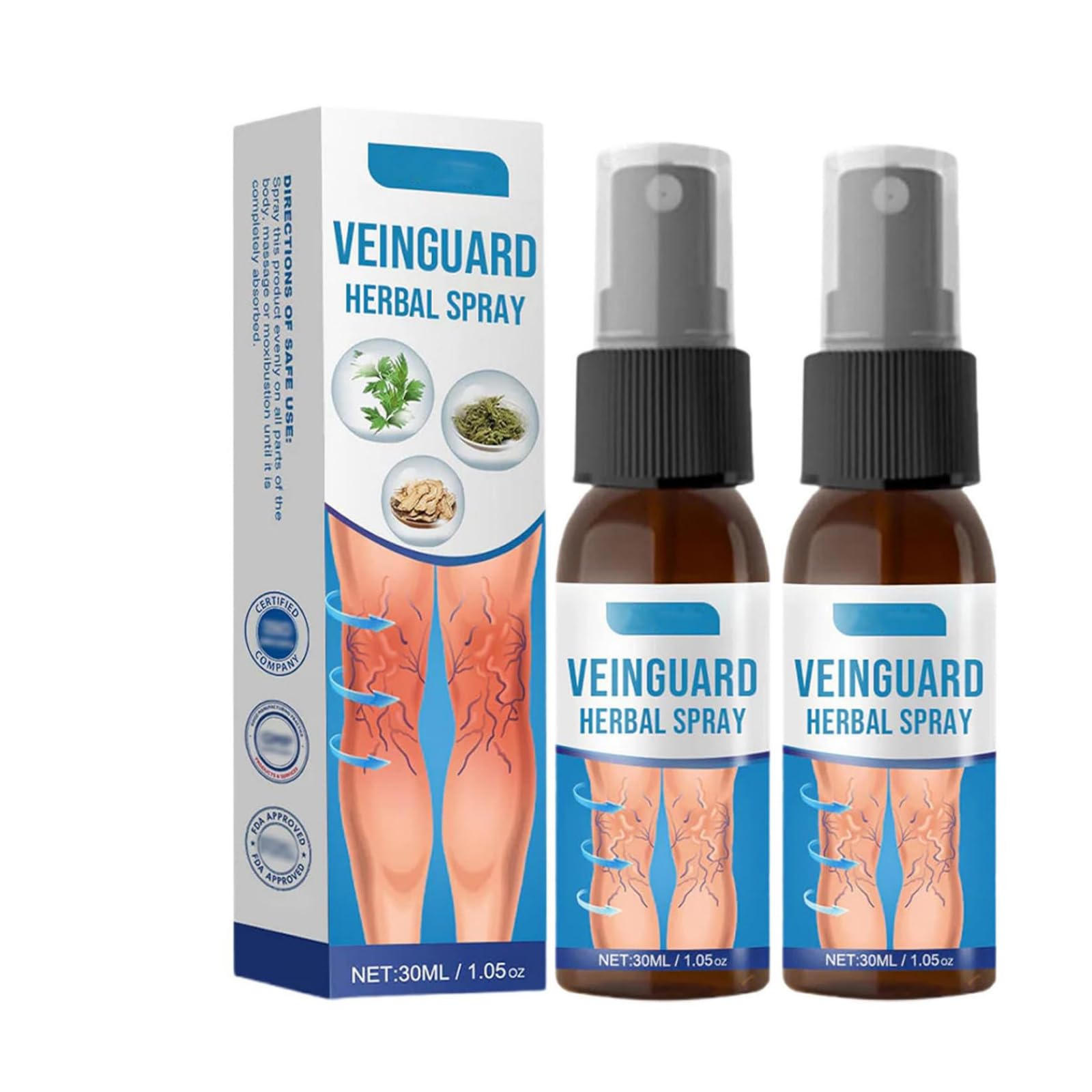 VeinGuard Spray Herbal, 2 en 1 Spray para Piernas y Venas para las Piernas, Spray Tranquilizante para Varices, Mejora la apariencia de las piernas y la circulación, 30ml*2