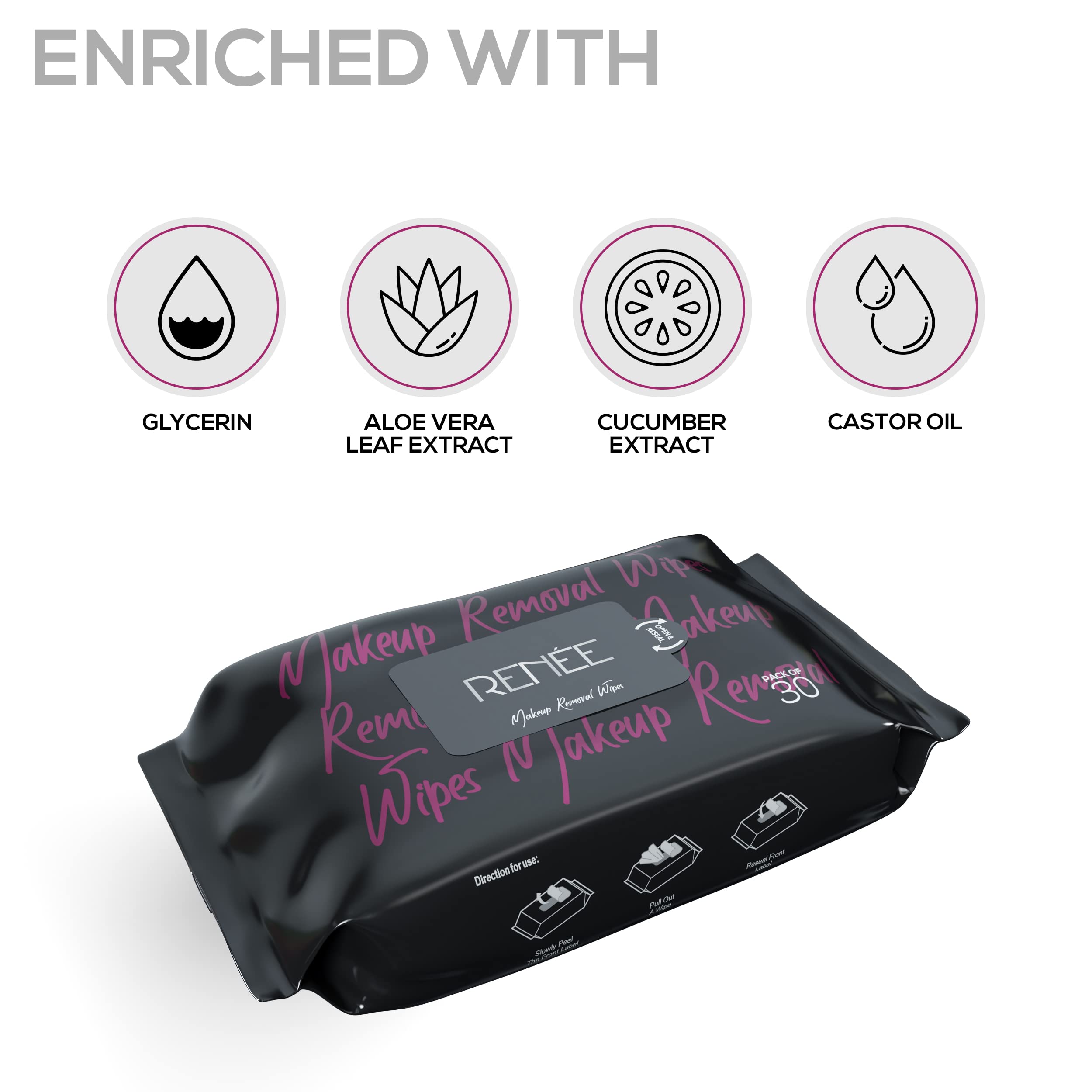 RENEE Makeup Removal Wipes 30 Count, Effortlessly Erase Makeup, Hydrate & Soothe Skin With Cucumber & Aloe Vera Extracts -extracts - Antioxidant, Anti-inflammatory & Skin-conditioning Formula 2