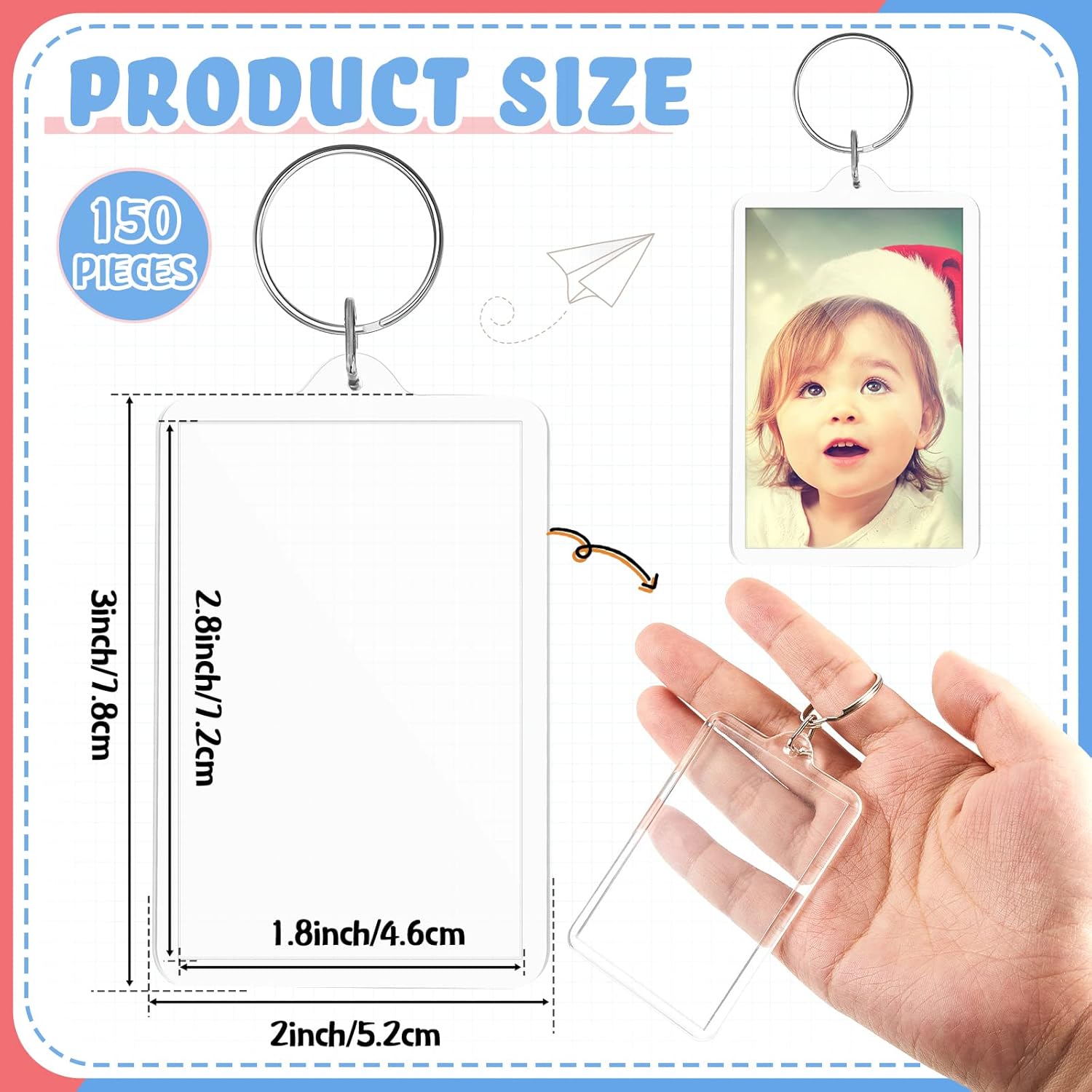 Inbagi 150 Pcs Picture Frame Keychain Clear Acrylic Photo Insert Blank Rectangle Keychain Keyring Gifts for Men Women DIY Craft Graduation