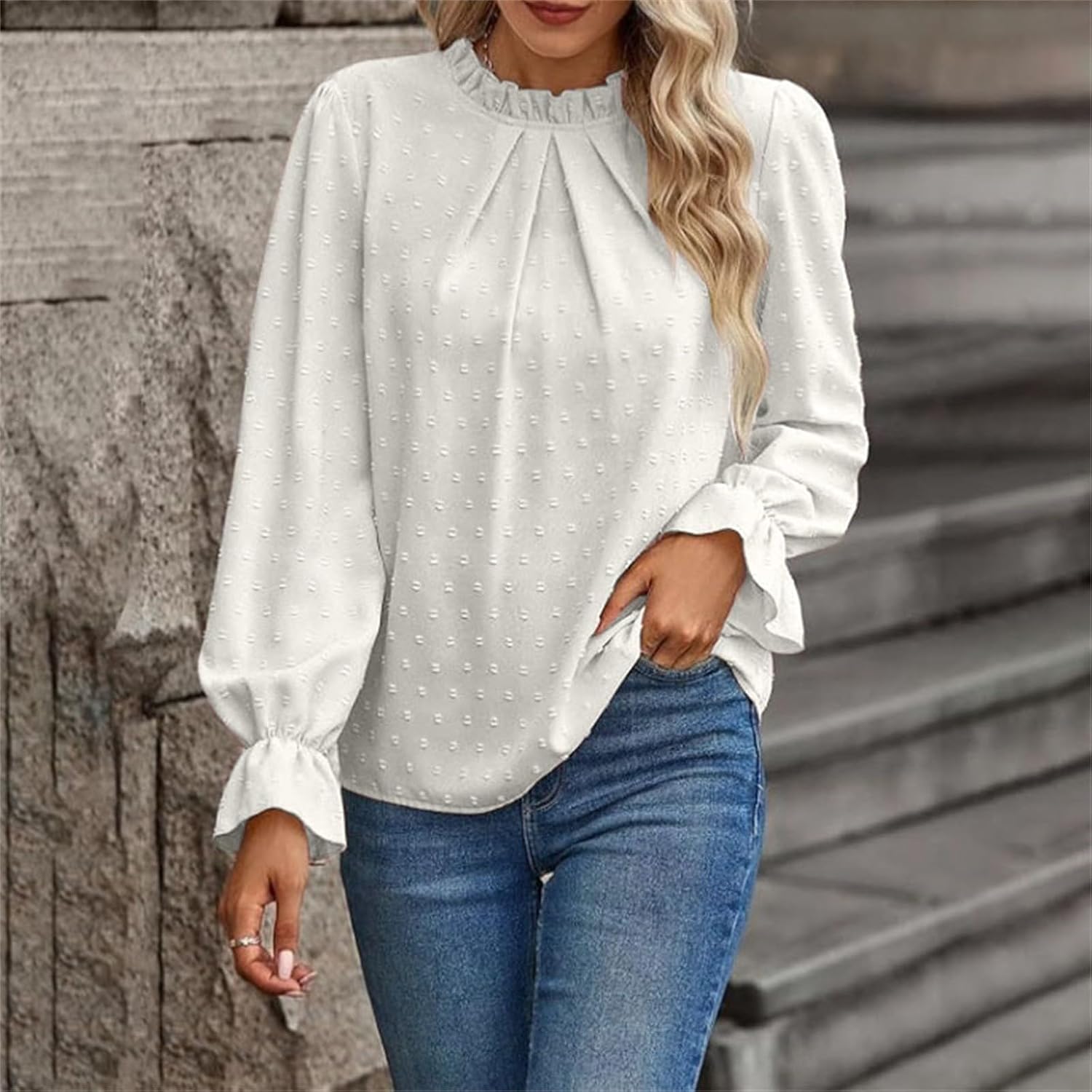 Women's Swiss Dot Shirt Ruffle Long Sleeve Blouse Pleated Front Mock Neck Tops Dressy Casual Loose Fall Tunics Clothes