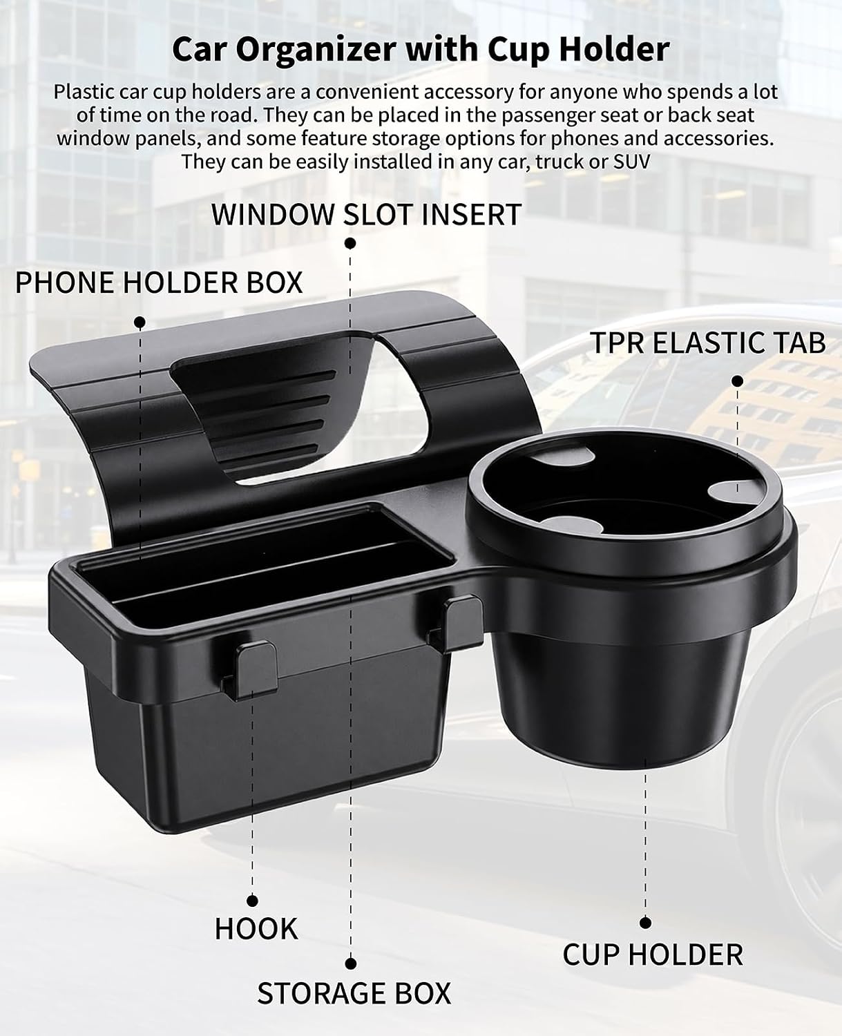 2 PCS Car Window Multifunctional Storage Organizer, Vehicles Door Hanging Storage Organizer with Extra Cup Holder, Auto Window Mounted Organizer for Cell Phone Earphone Key Snacks Water Cup