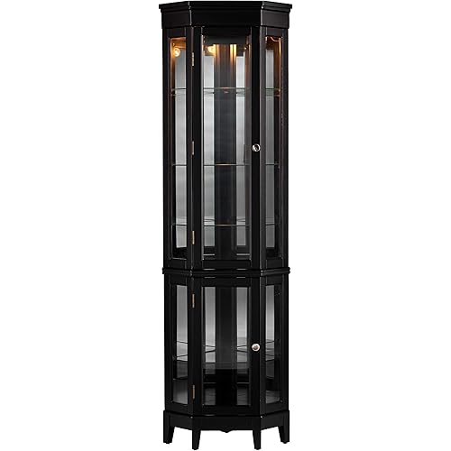 SEI Furniture Essex Corner Curio Cabinet - Adjustable Glass Shelves - 2 Tier With Black Finish, Transitional Style Pine, Black