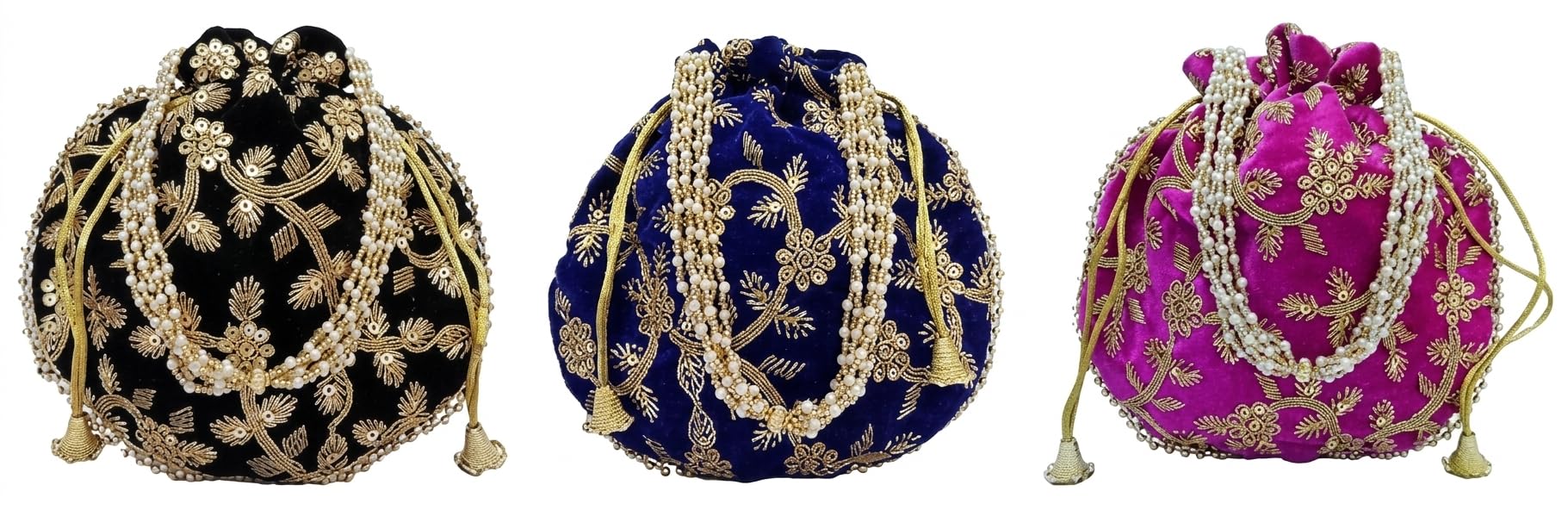 JDDCART Velvet Feel Wedding Potli Combo of 3 for Ladies Drawstring Closure Embroidered Fabric Handbag (Navy Blue, Rani Pink, Light Black)-image-7