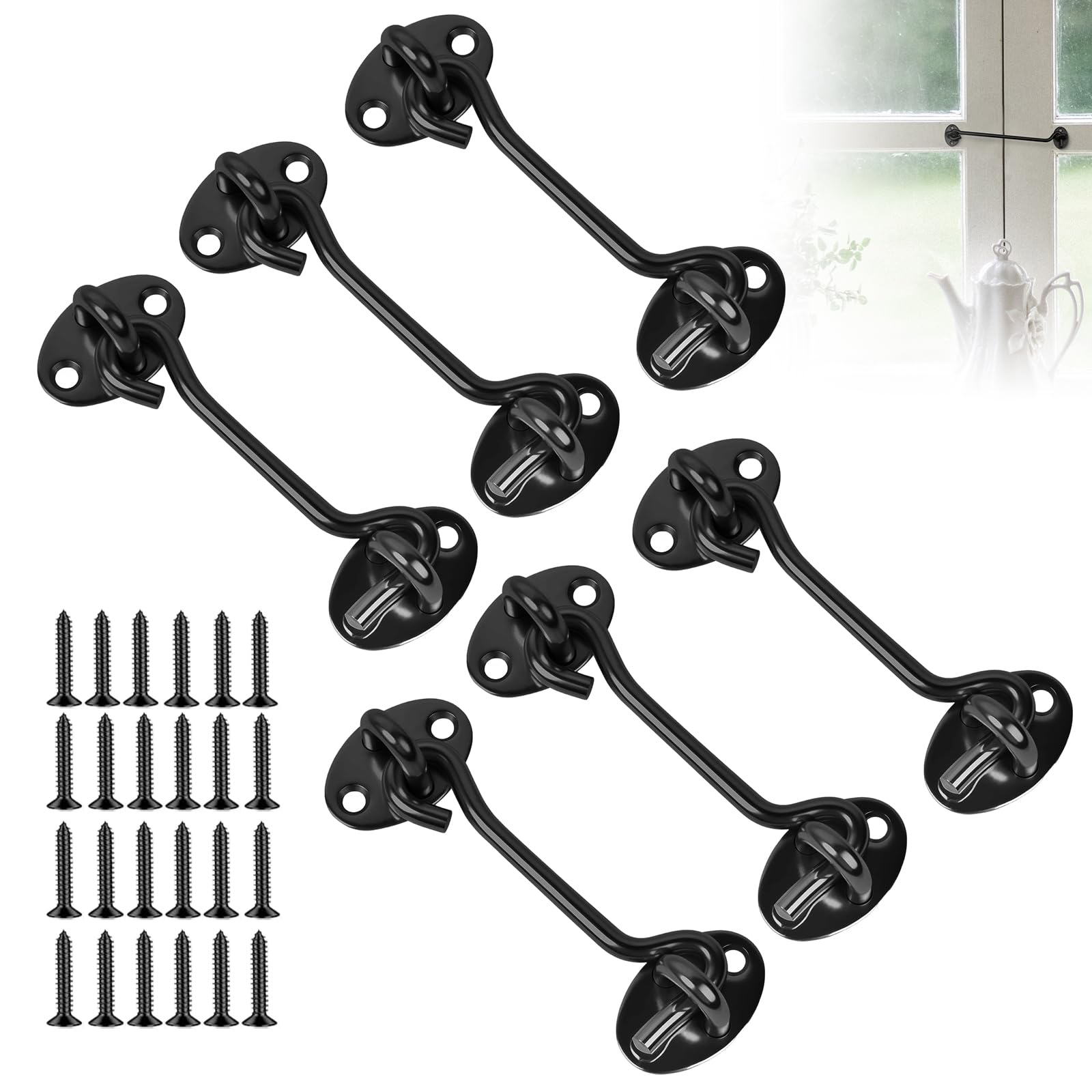 6 Pcs Hook and Eye Latch, 4 Inch Stainless Steel Black Cabin Hook with Screws Heavy Duty Small Gate Shed Door Latch Lock for Closet Barn Garden Window