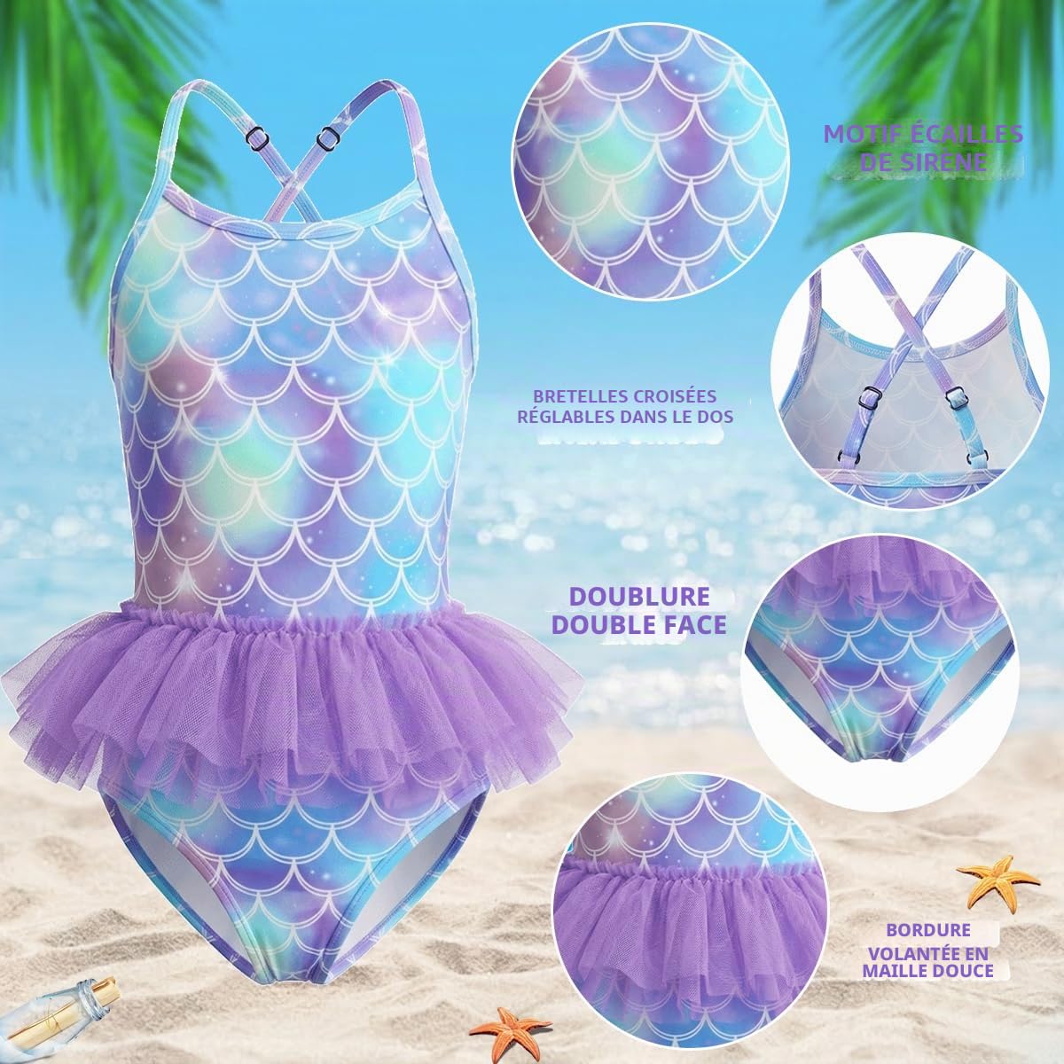 Maillot de Bain pour Fille, Sirène Maillot de Bain Une Pièce 4-en-1, Lunettes de Soleil, Bonnets et Tatouages Temporaires, Bretelles Réglables, Swimsuit Parfait pour Vacances d'Été