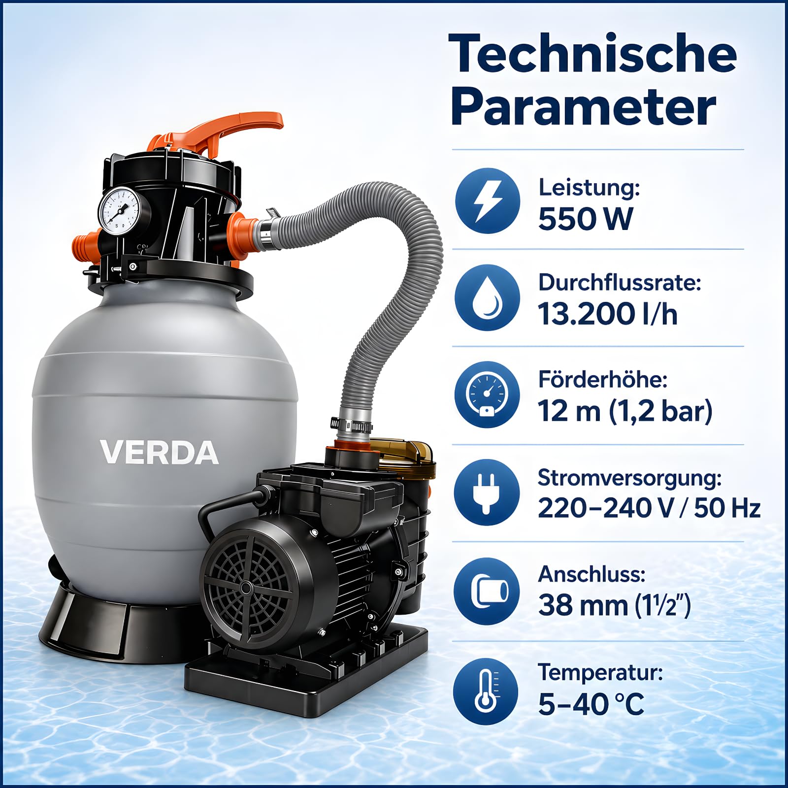 VERDA Depuradora de arena para piscinas de hasta 50.000 l, 13.200 l/h, 550 W, bomba con filtro de arena y 1000 g de bolas filtrantes, altura de elevación de 10 m, conexión de 38 mm, SN5883