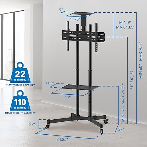 Miniatura 7 de Mount-It! Carrito de TV móvil para pantallas de 37 a 70 pulgadas, soporte de TV con ruedas de altura ajustable con estante y ruedas de bloqueo,