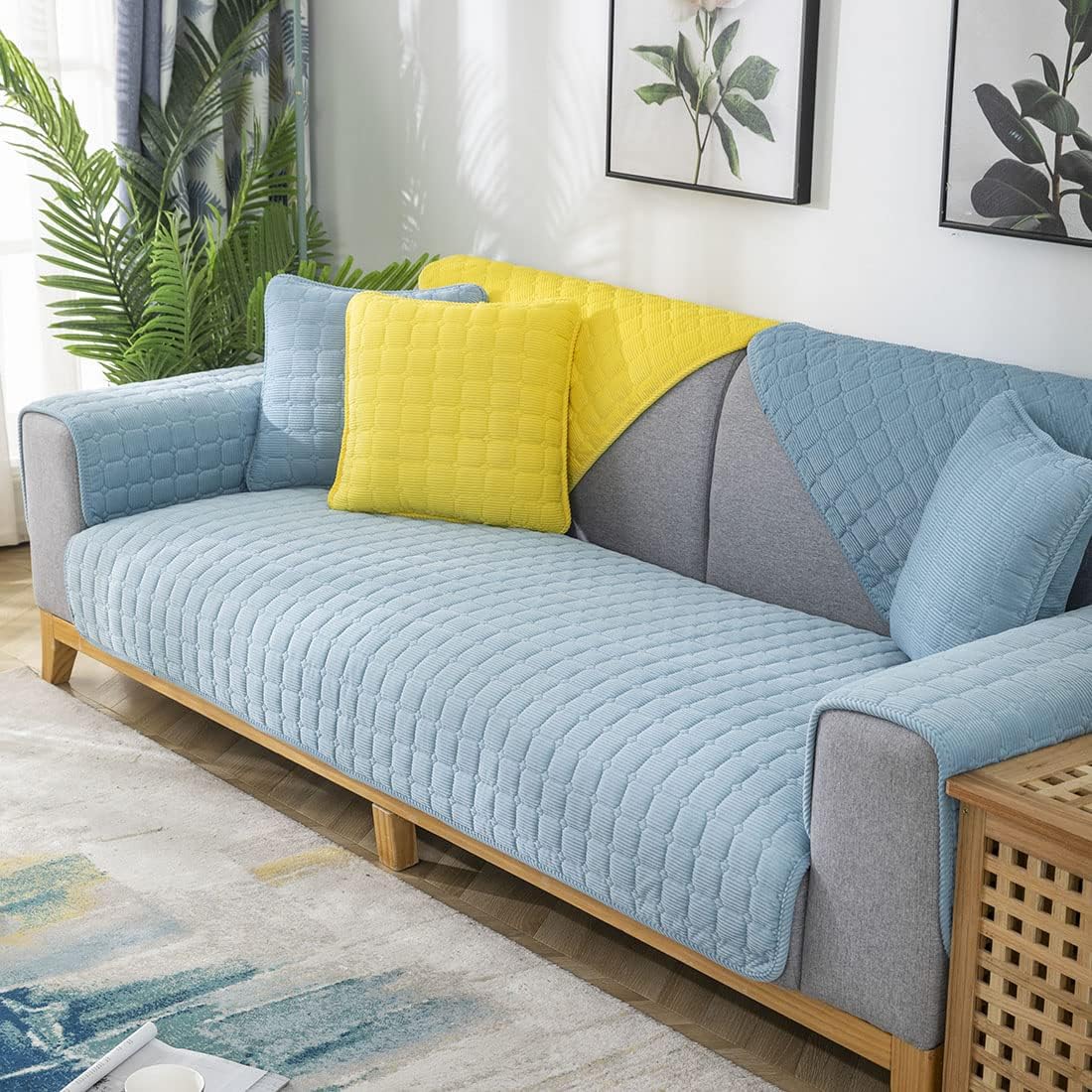 vctops Soft Corduroy Plaid Sectional Couch Covers Non Slip Quilted Sofa Couch Covers Sofa Slipcover for Dogs Cats Pet Love Seat Recliner Leather L Shaped, Armrest Backrest Cover(Sky Blue,43"x94")