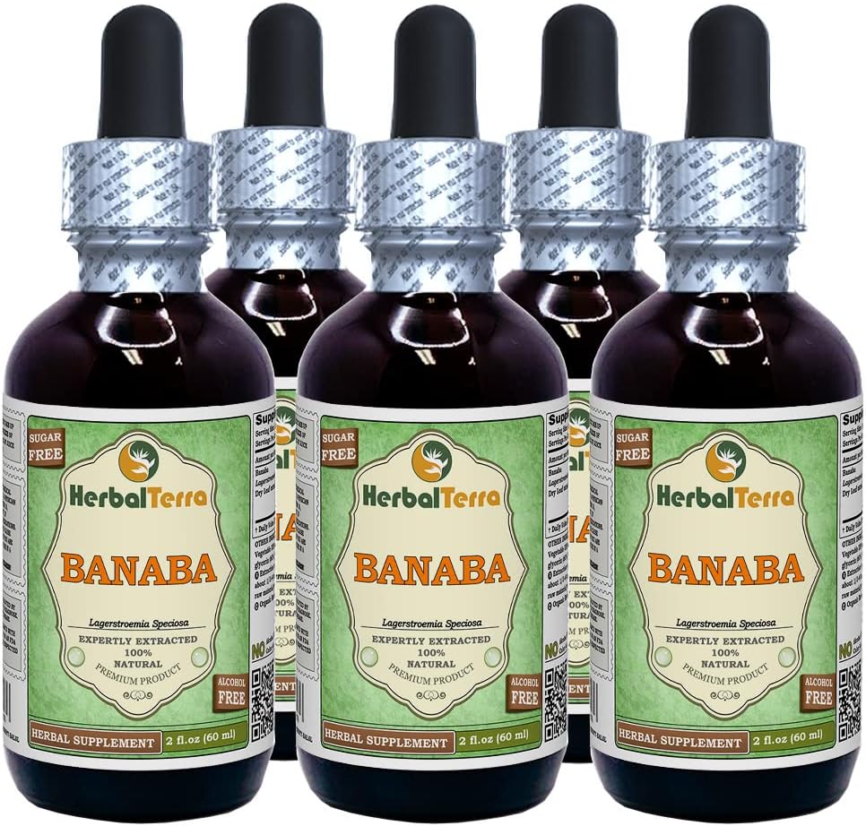 Banaba, Nicker Bean (Lagerstroemia Speciosa) Dried Leaf Liquid Extract (Brand Name: HerbalTerra, Proudly Made in USA) 2x2 oz