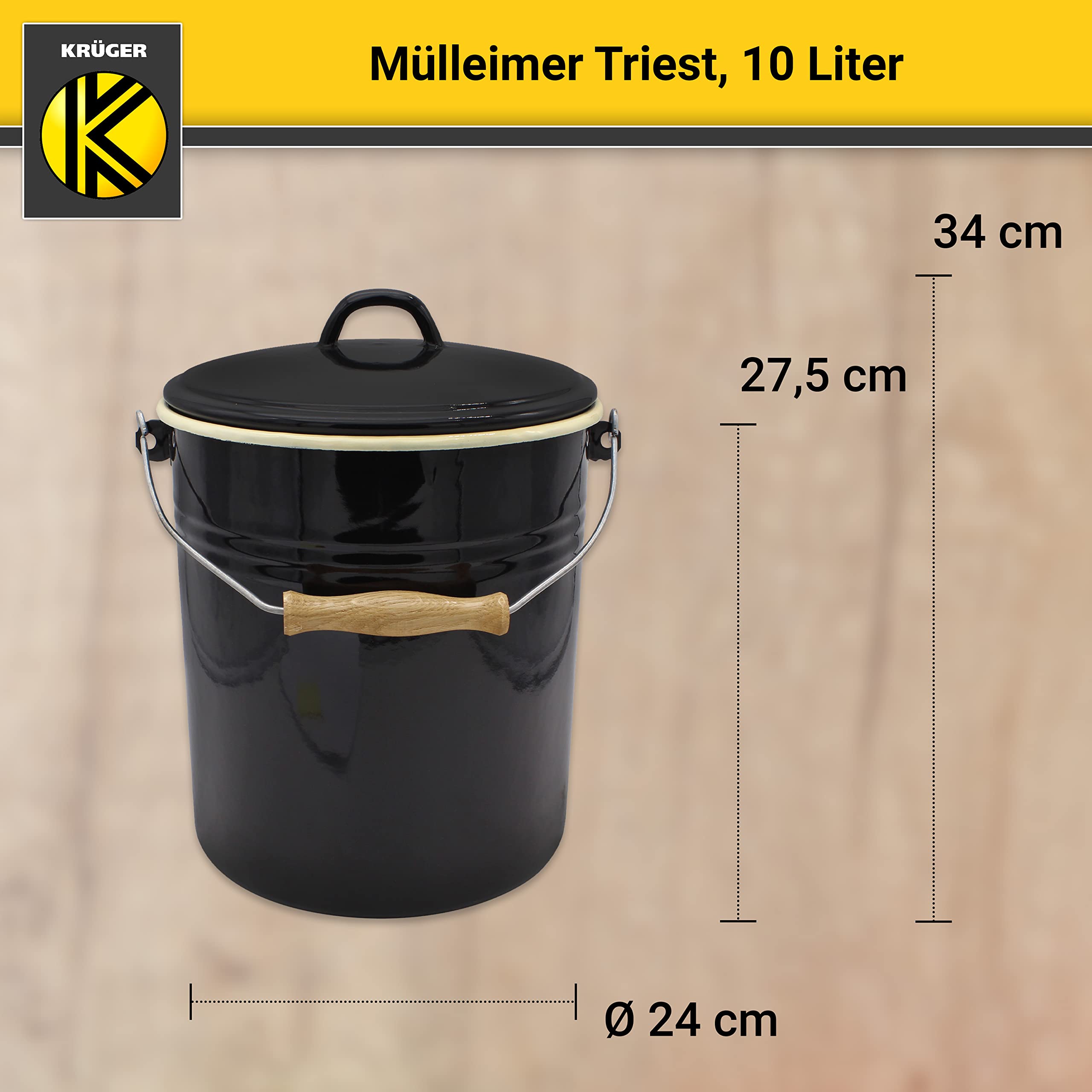 Krüger Poubelle avec couvercle - Poubelle en acier avec revêtement en émail et poignée en bois - Surface résistante aux coupures et aux rayures - Durable et polyvalente (10 l, Triest)