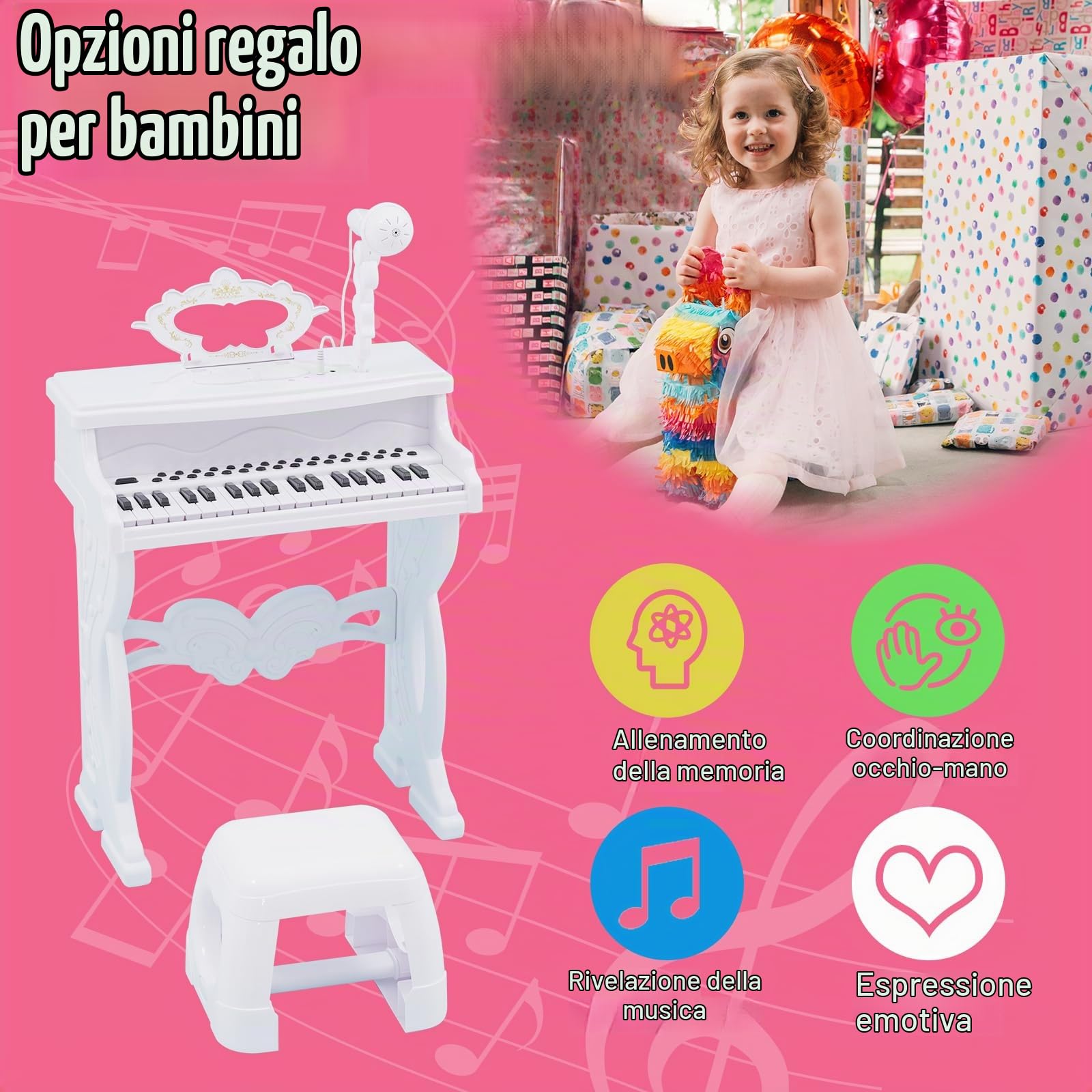 Pianola Bambini 37 Tastiera Musicale con Microfono rotante a 360°, Pianola per Scuola Media Portatile,Giocattolo Musicale Ed Educativo per bambini con gambe rimovibili e sgabello