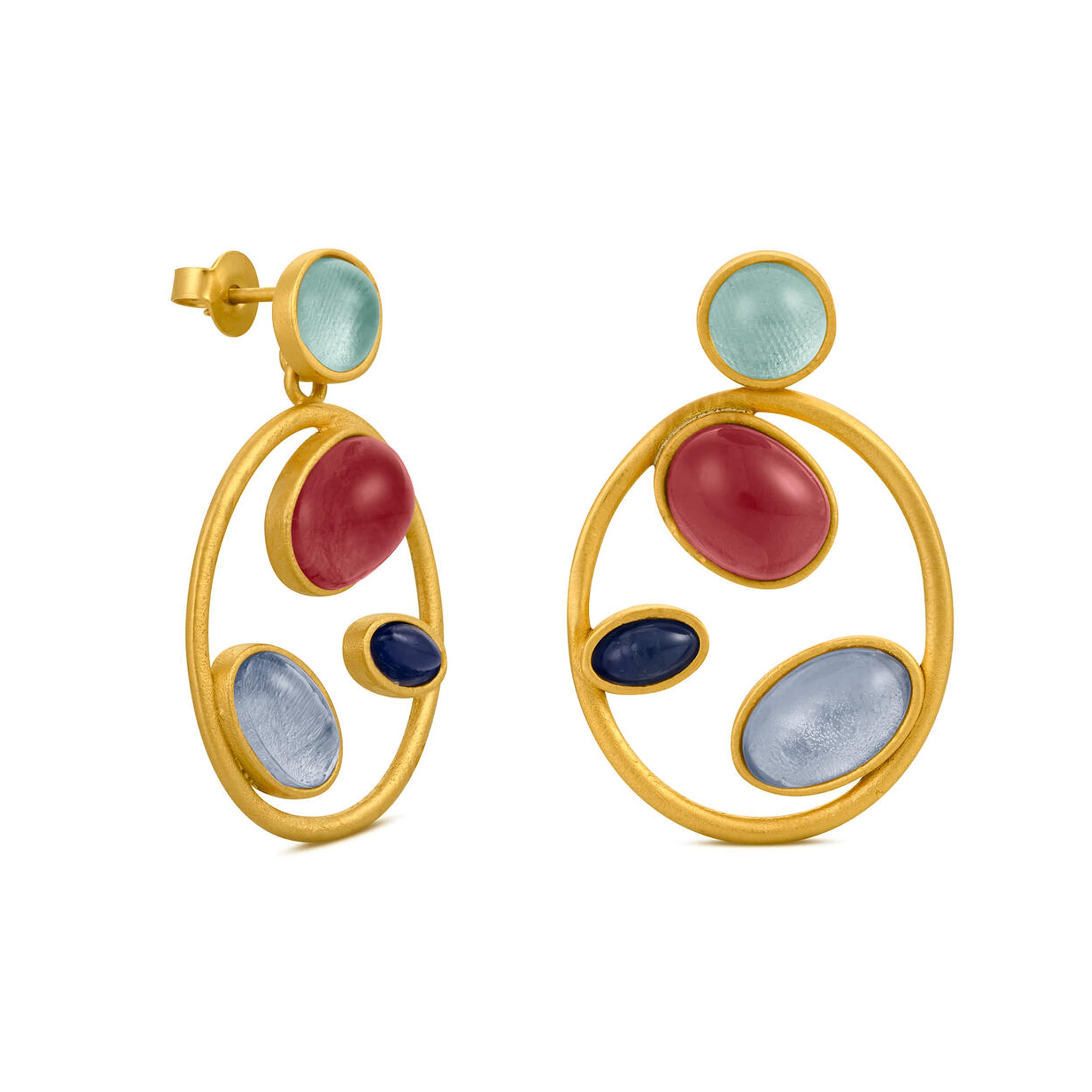 PENDIENTES DORADOS ALEGRIA | Diseñado por Carme Fàbregas | Colección Alegria | Cristal de Murano | En tonos azules, rosas y tierra