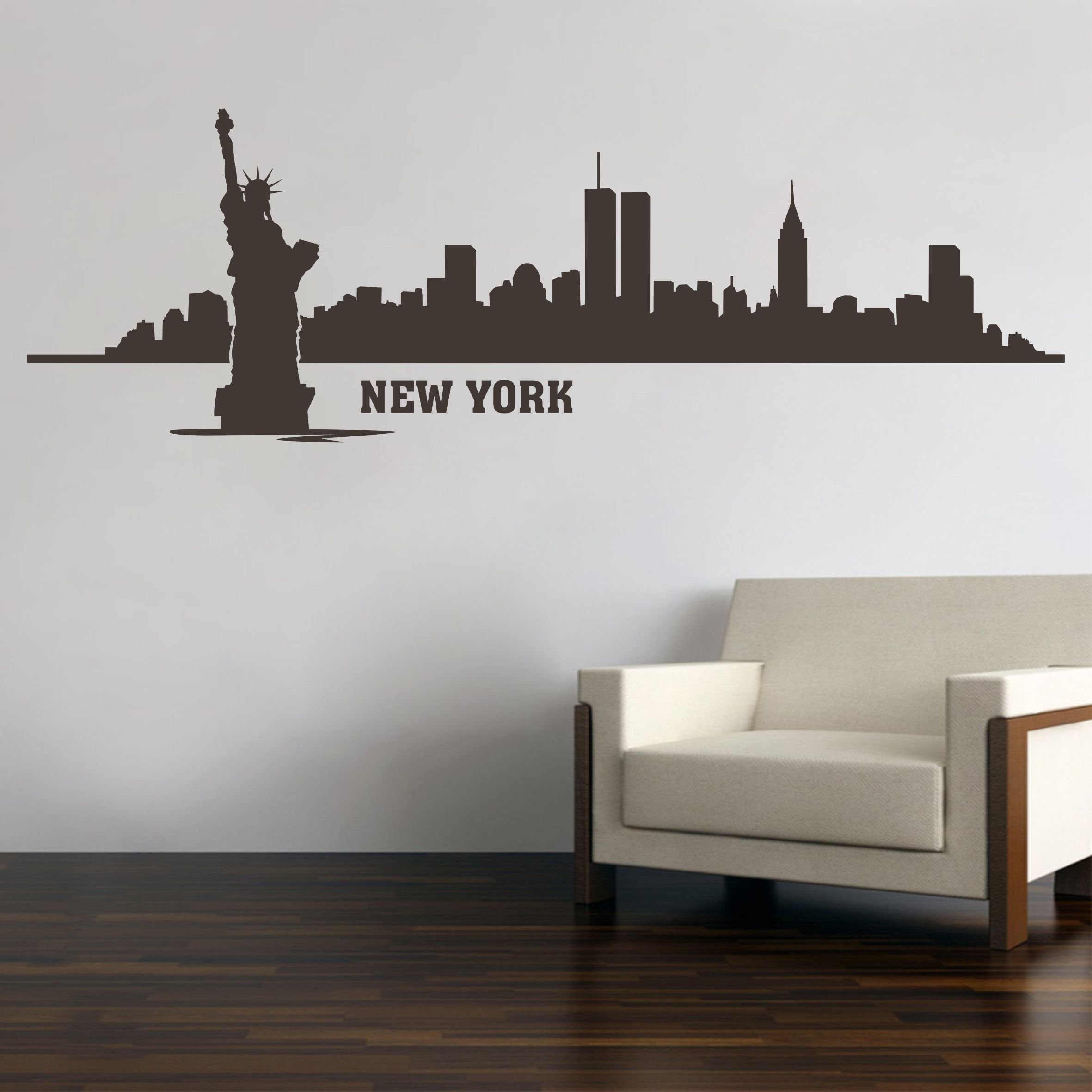Sticker mural New York Skyline avec Statue de la Liberté silhouette noire pour salon 100x32 cm