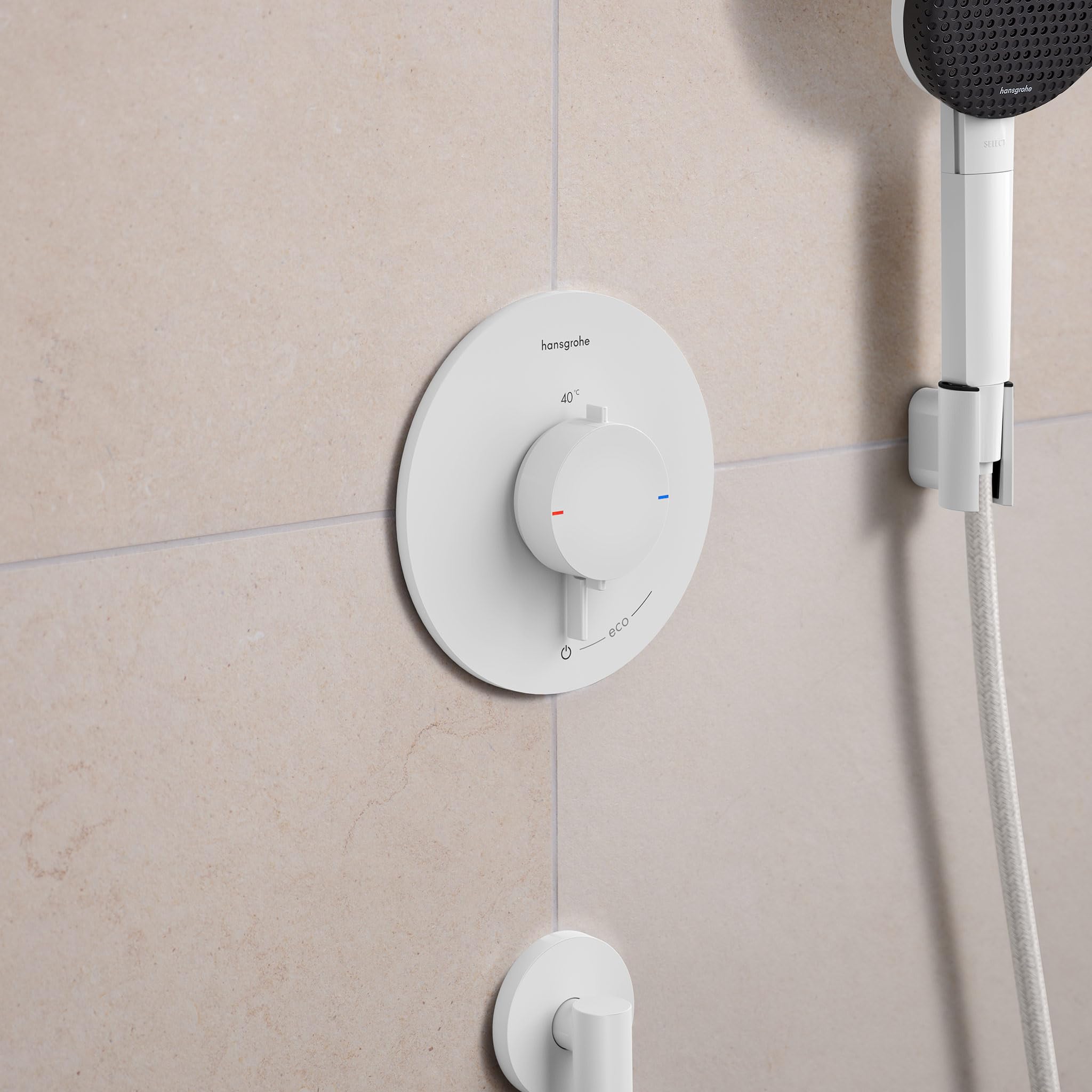 hansgrohe Ecostat Comfort S - termostato para ducha empotrado, grifo ducha con botón de seguridad (SafetyStop) a 40 °C, mezclador para 1 función, blanco mate, 33714700
