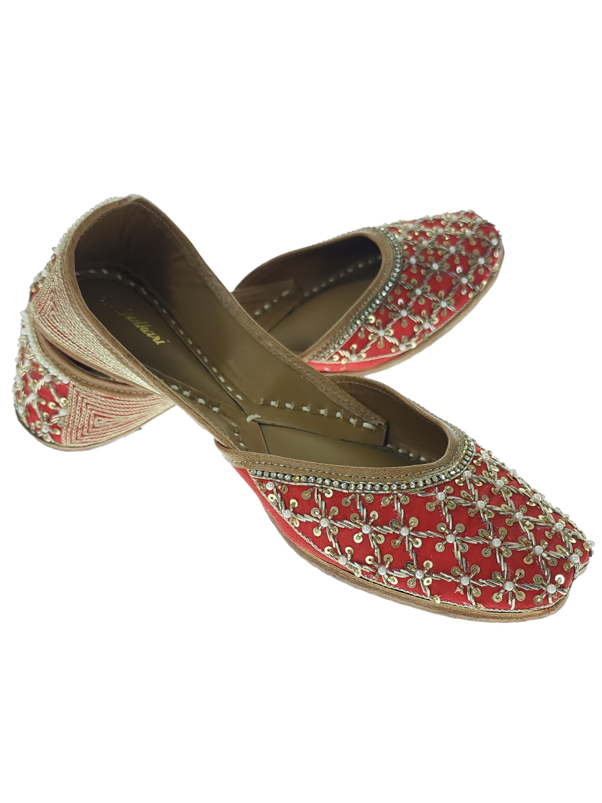 Women Phlox Red Gold Genuine Soft Leather Embroidered Jutis | Bite and Pinch Free Jutti | Punjabi Formal Juttis | Girl's Wedding Flat Ladies Mojari | Formal Ethnic Juti |-image-4