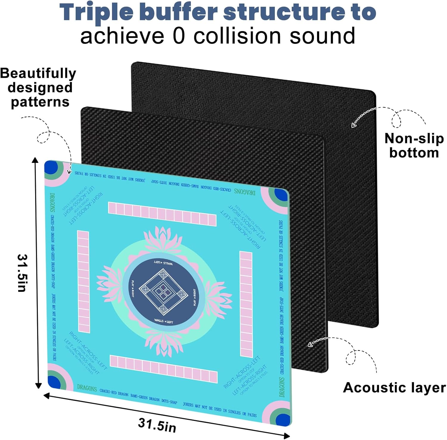 Extra Large Mahjong Table Mat - 31.5"x31.5" Non-Slip Noise Reduction Rubber Gaming Mat for Poker, Board Games, Dominoes & Tile Games, Waterproof & Foldable Blue Game Surface Mat