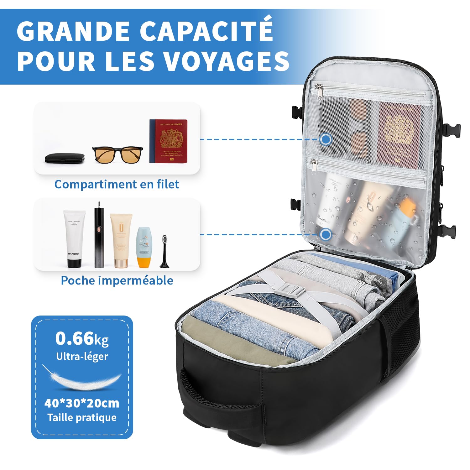 ZOMFELT Bagage Cabine 40x30x20, 24L Sac à Dos Voyage Cabine Avion pour Wizzair Eurowings Ryanair, Étanche Sac Cabine Avion 40x30x20 Sac de Voyage Femme Homme, Sac à dos cabine pour PC 15 pouces Noir