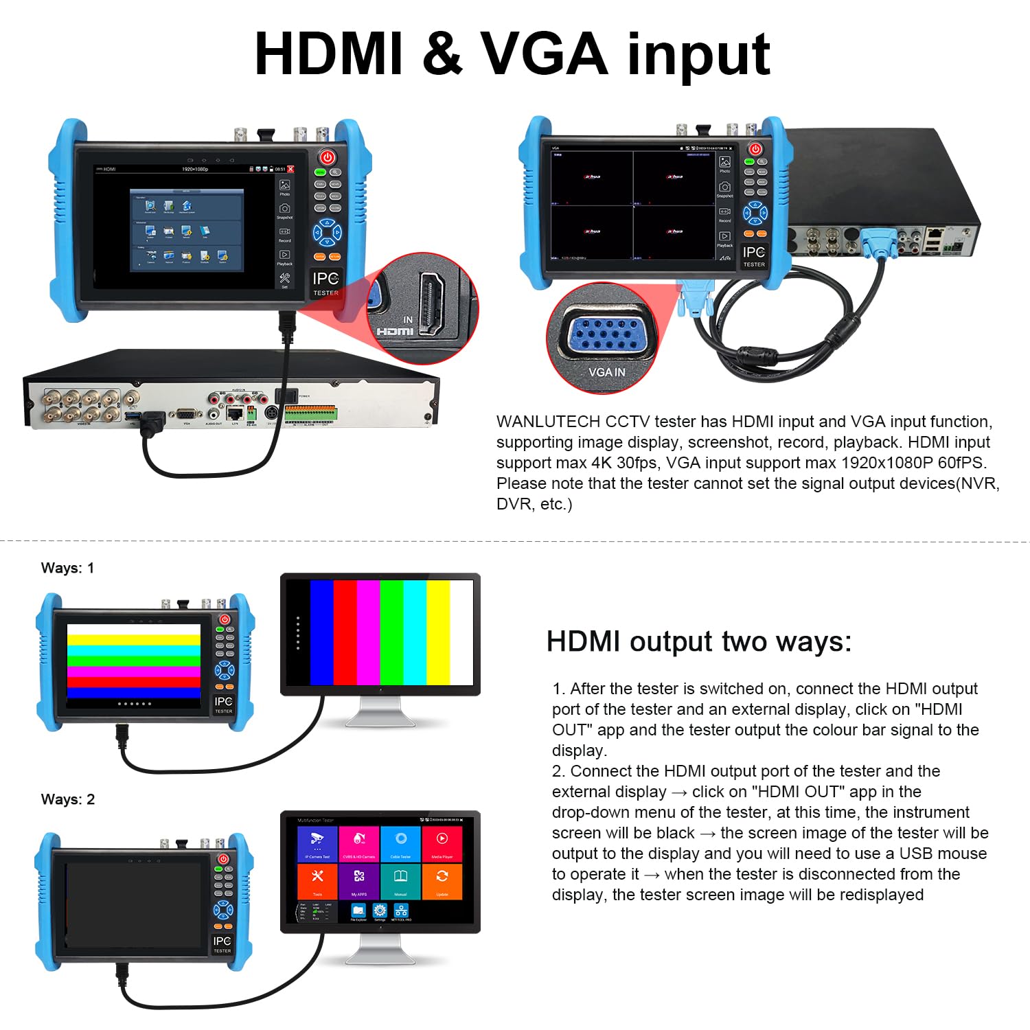 Tester per telecamera IP 8K, tester CCTV da 7 pollici Touchscreen 8MP TVI CVI AHD SDI CVBS tester per cavi RJ45 PoE strumenti di rete RS485 WiFi HDMI I/O VGA in (IPC-9800CADHS Pro)