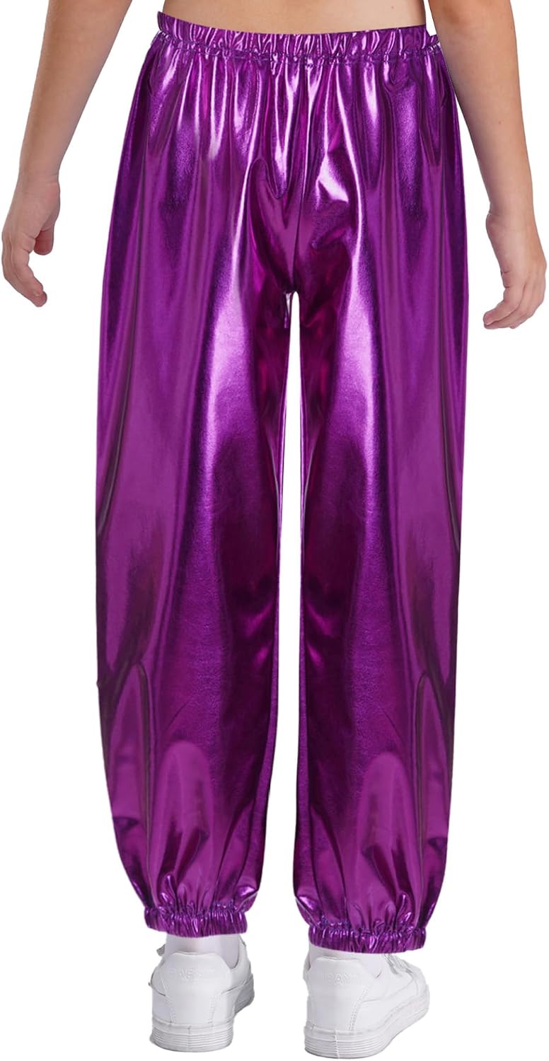 Linjinx Kids Girls Shiny Metallic Hip Hop Jazz Dance Pants Elastic Waist Wide Leg Trousers Performance Dance
