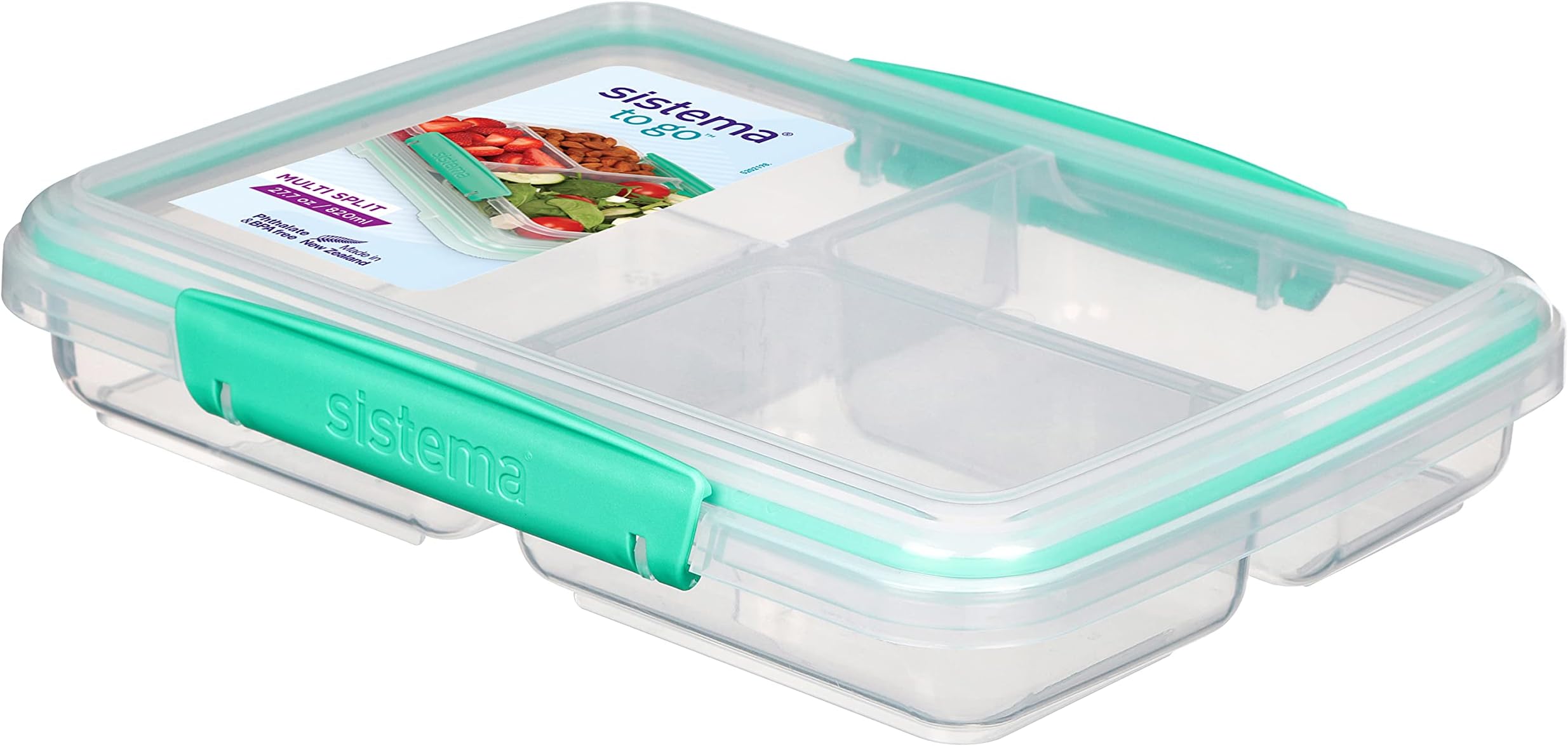 TO GO Multi Split Meal & Food Container with Dividers & Clips | 820ml | BPA-Free | 1 Food Storage Container, Clear/Green