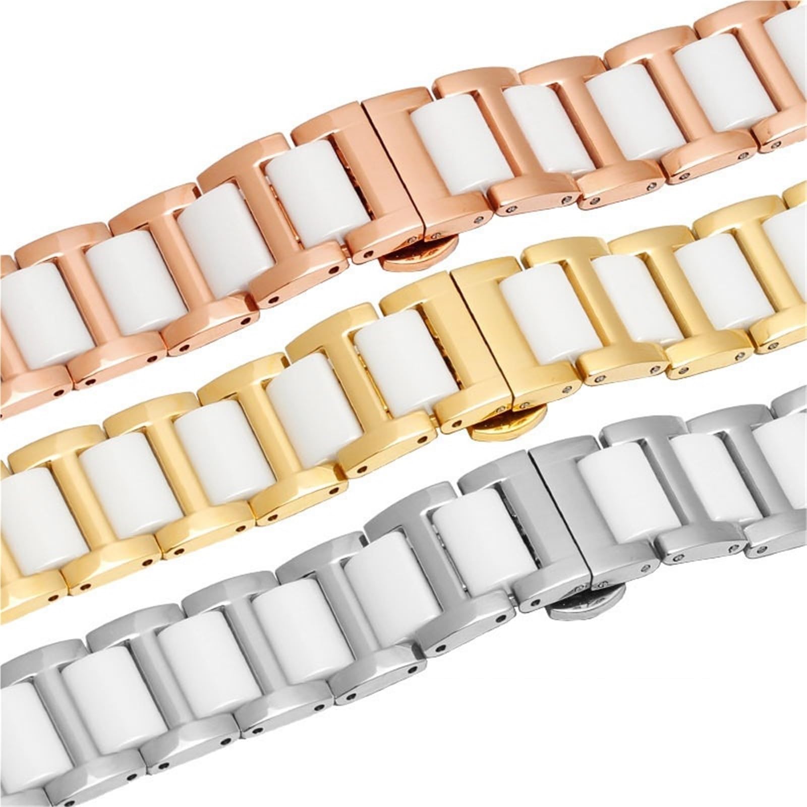 Correa de Reloj de cerámica para Hombre y Mujer, Correa de Reloj de Acero Inoxidable combinada (Plata Blanca, 19 mm)