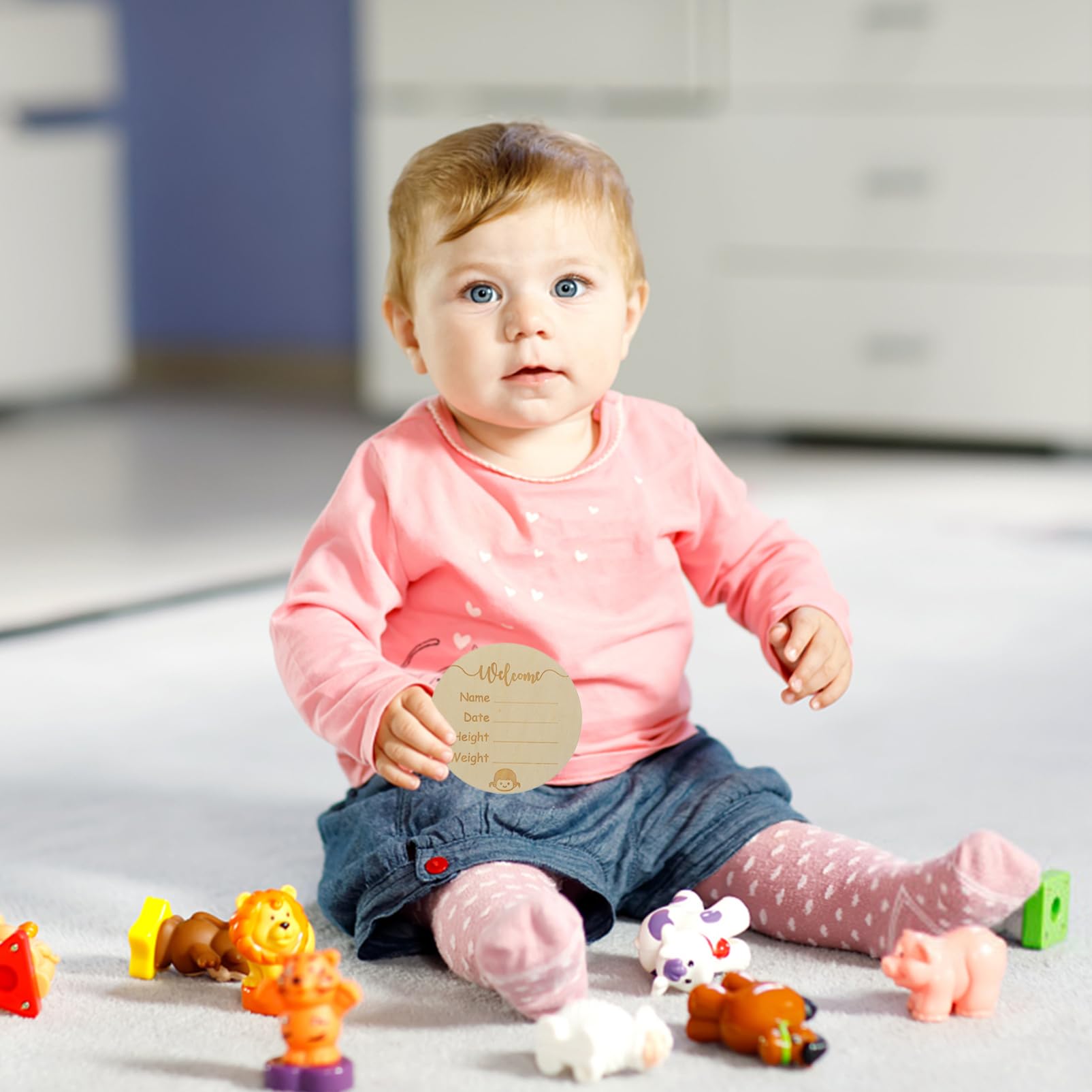 Yardwe Round Wooden Birth Announcement Sign Nursery Decor Photo Prop for Newborn Name Natural Material Chic Unique Design for Decor