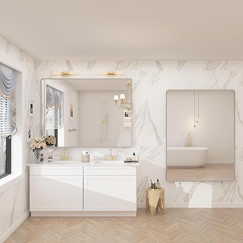 Miniatura 6 de Espejo de baño plateado de 48 x 36 pulgadas, espejo de tocador de baño con marco plateado cepillado, espejo rectangular moderno, esquinas