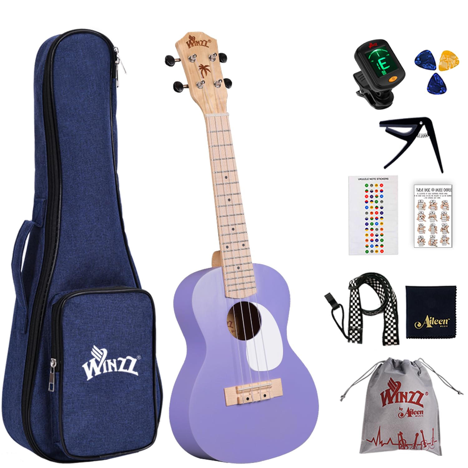 Winzz Ukulele Kinder Konzert, Ukulele Erwachsene Anfänger Set, 23 Zoll, mit 9 Zubehör, Kleine Einsteiger Kindergitarre 4 Saiten (Farbe: Violett, Holz)