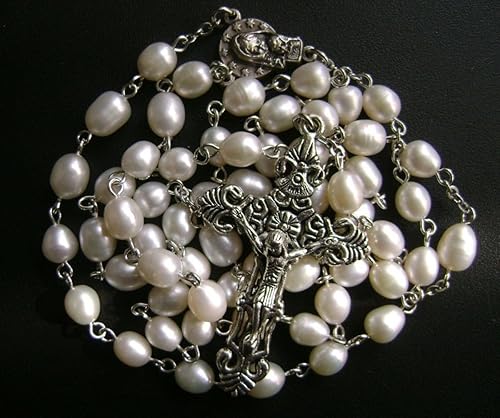 Miniatura 9 de elegantmedical Hecho a mano AAA 8-9MM perla natural perlas rosas rosario crucifijo Jesús cruz católica collar caja, Metal