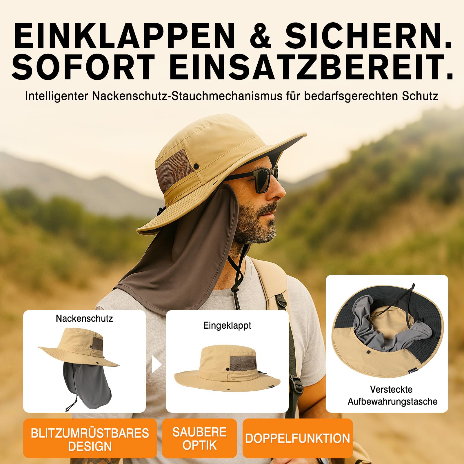 Top-EX XL/XXL Mens Wide Brim Sun Hat with Sunglass Lock UPF 50 Summer Hats with Neck Flap Waterproof Outdoor Fishing Safari Hat Packable