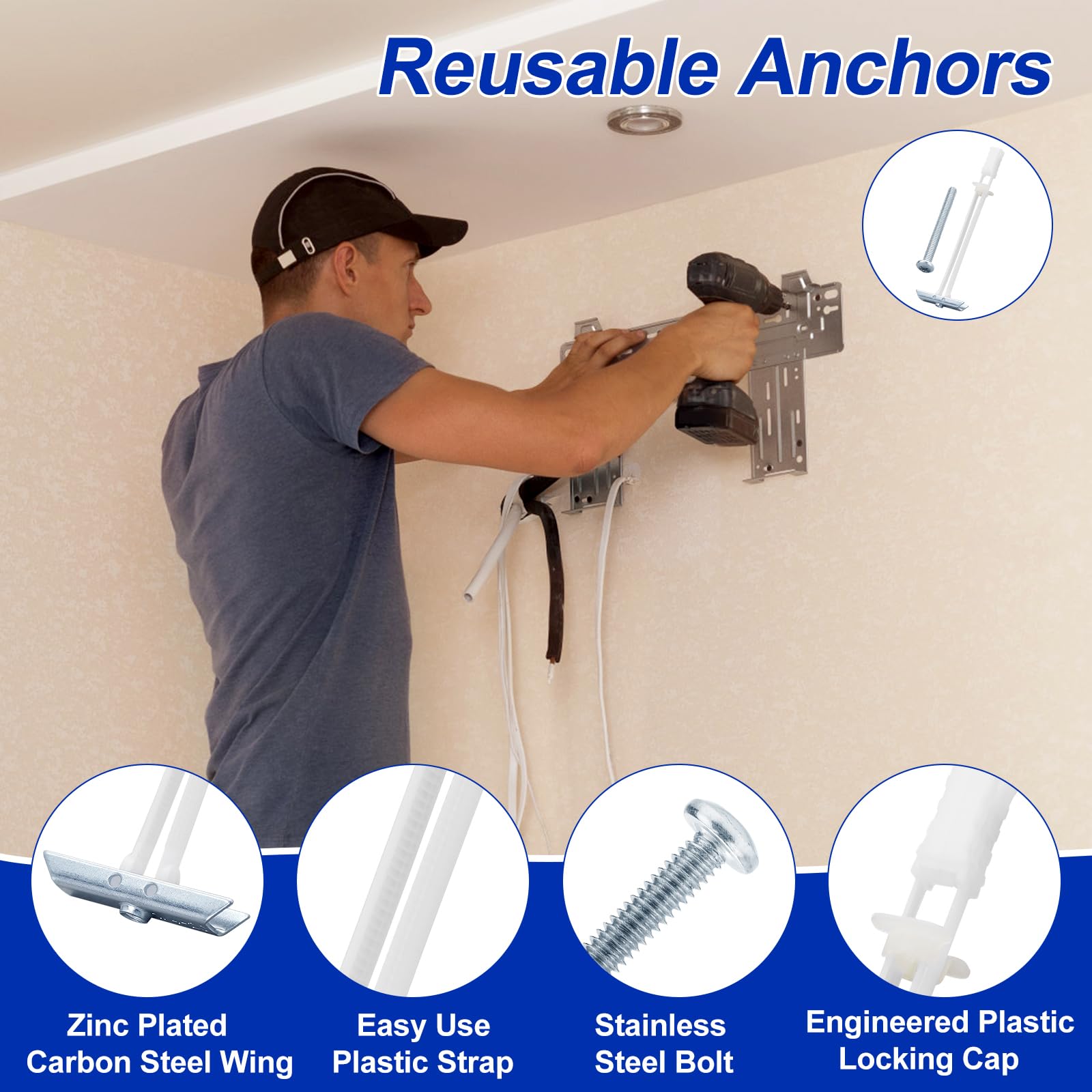 Anclaje para paneles de yeso con pernos incluidos para tamaño de cierre de 1/4 a 20, kit de anclajes huecos resistentes para montaje de TV, anclajes de pared de acero inoxidable con capacidad para