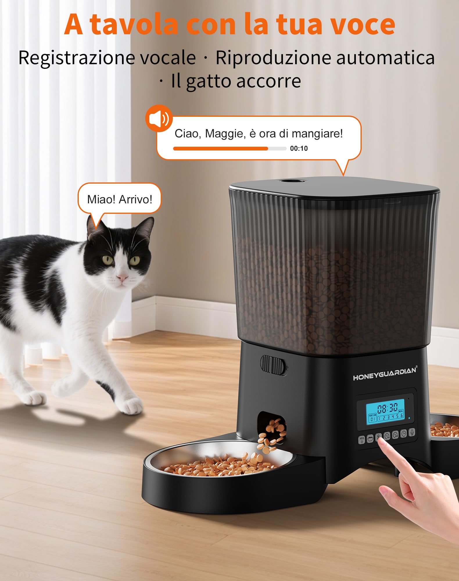 HoneyGuaridan Distributore Automatico Cibo Gatti con Programmable Timer | 3.5L dispenser crocchette gatto, 2 ciotole in acciaio inox 304 e 2 ciotole slow feed, 1-6 pasti/giorno, 1-24 porzioni/pasto