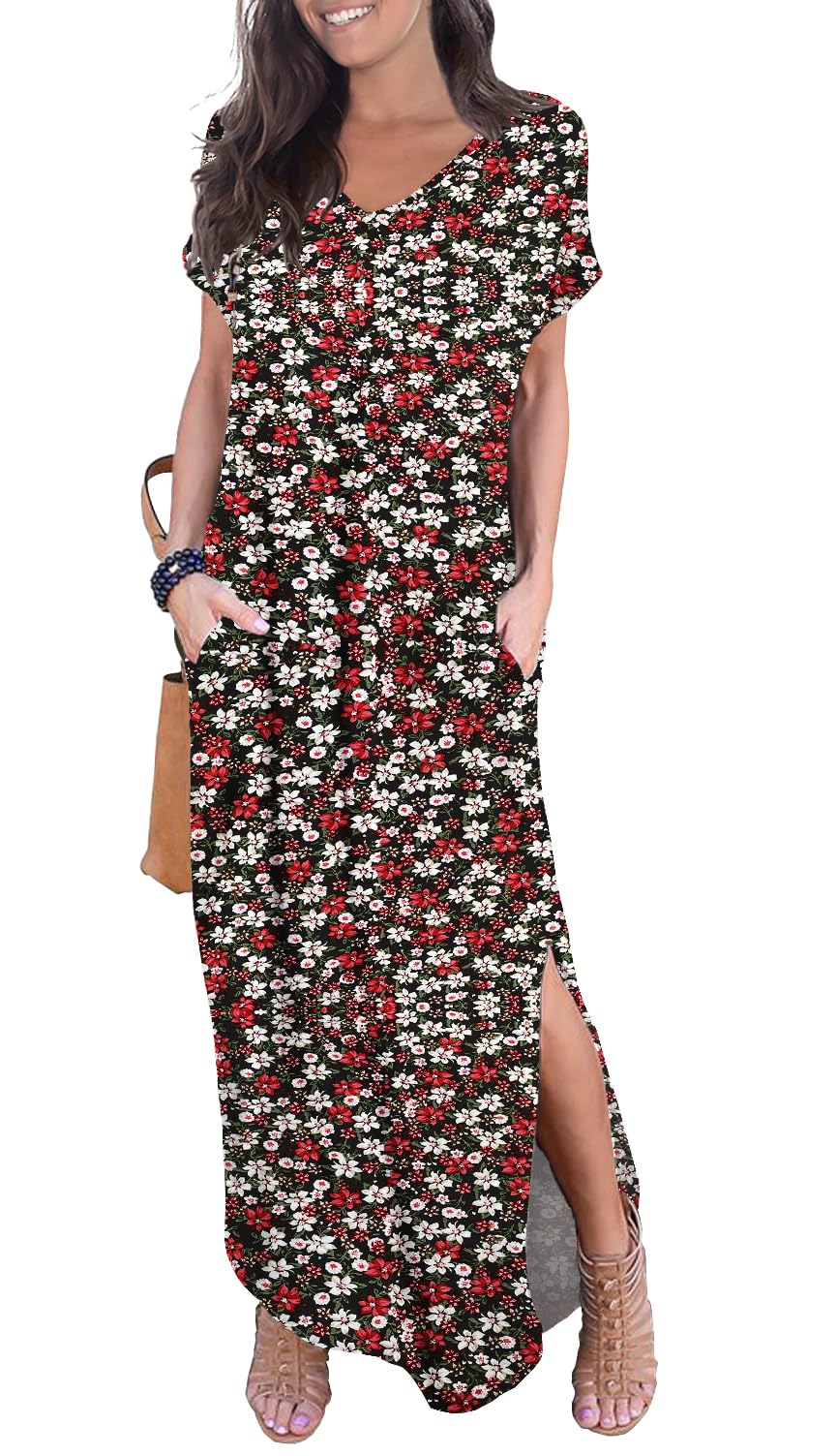 GRECERELLE Women's Maxi Dress Summer Casual Loose Side Split Short Sleeve V Neck Floral Long Dresses with Pockets, XX-Large