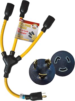 Prime AD160802L 2-Feet 12/3 Stow Twist to Lock, Yellow, W Adapter - 2 Pack