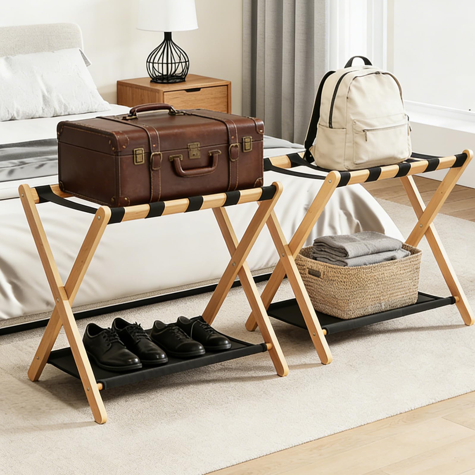 Portaequipajes de madera, soporte plegable de bambú natural con estante de almacenamiento para habitación de invitados, dormitorio, sala de estar de hotel, 5 correas de nailon, resistente, se