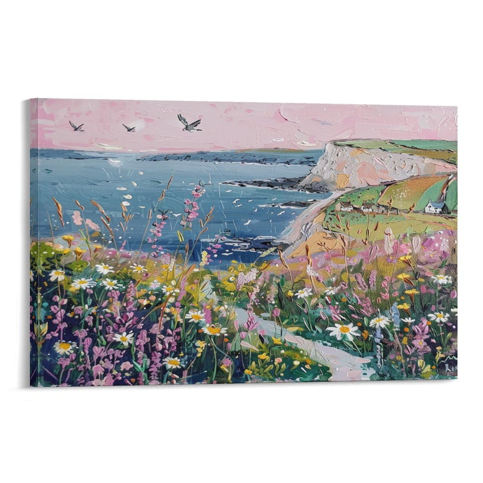 Euumkoo Framed Seaside Cliff Landscape Canvas Wall Art, Coastal Ocean Beach Flowers Picture Painting On Canvas, Print Poster Decoration Artwork For Home Living Room Bedroom Wall Decor Frame 16X24inch(40X60cm)