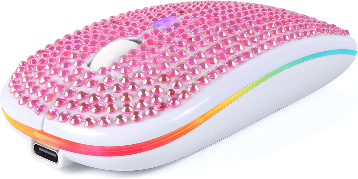 Rechargeable Bluetooth Wireless Mouse with Bling Crystal Rhinestones & 7-Color LED Lights - Silent Dual Mode Wireless Mouse for Laptops, PCs, and Macs - Perfect for Office, Travel & Home Use (Silver)