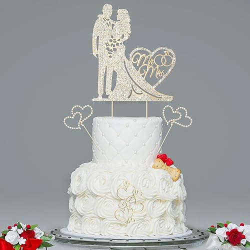 Spiareal 4 piezas de decoración de pastel de boda Mr and Mrs Rhinestone novia y novio, decoración de pastel de amor de cristal de metal en forma de
